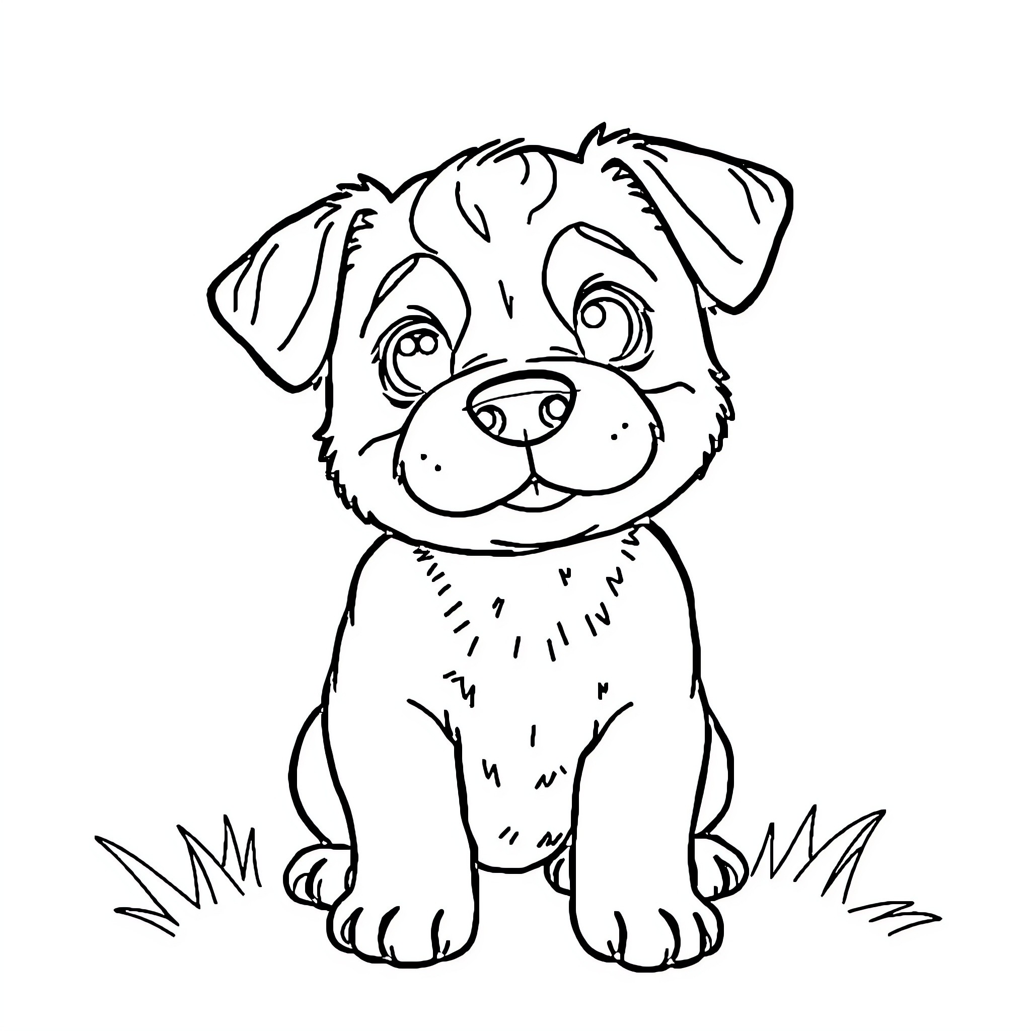 Dog sitting happily in the grass Coloring Page (free black-and-white line drawing printable PDF for all, from beginners to advanced learners, including children, teens, adults, and seniors)