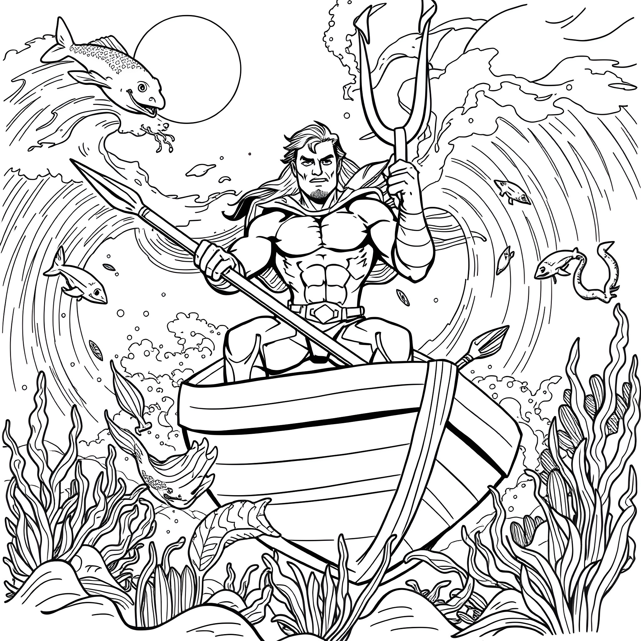 Aqua Man riding a boat in the ocean with sea creatures Coloring Page (free black-and-white line drawing printable PDF for all, from beginners to advanced learners, including children, teens, adults, and seniors)