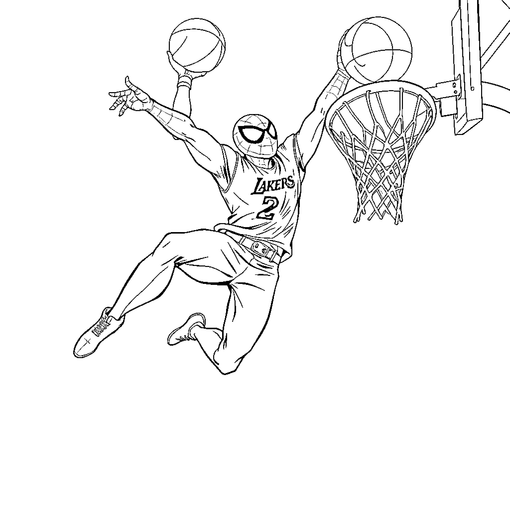 Spiderman Dunking Basketball in Dramatic Action Coloring Page (free black-and-white line drawing printable PDF for all, from beginners to advanced learners, including children, teens, adults, and seniors)