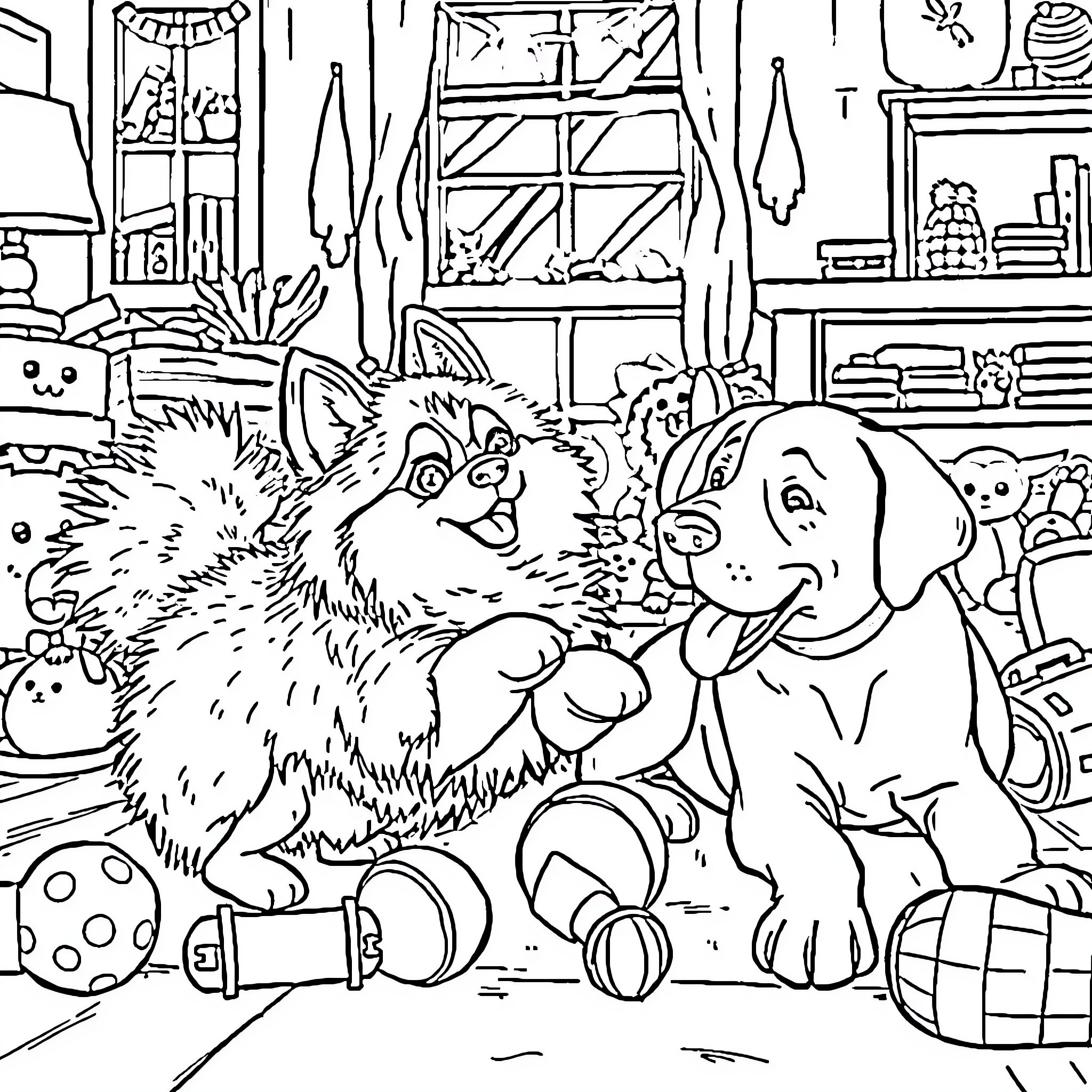 Dog and Puppy Playfully Exploring a Messy Room Coloring Page (free black-and-white line drawing printable PDF for all, from beginners to advanced learners, including children, teens, adults, and seniors)