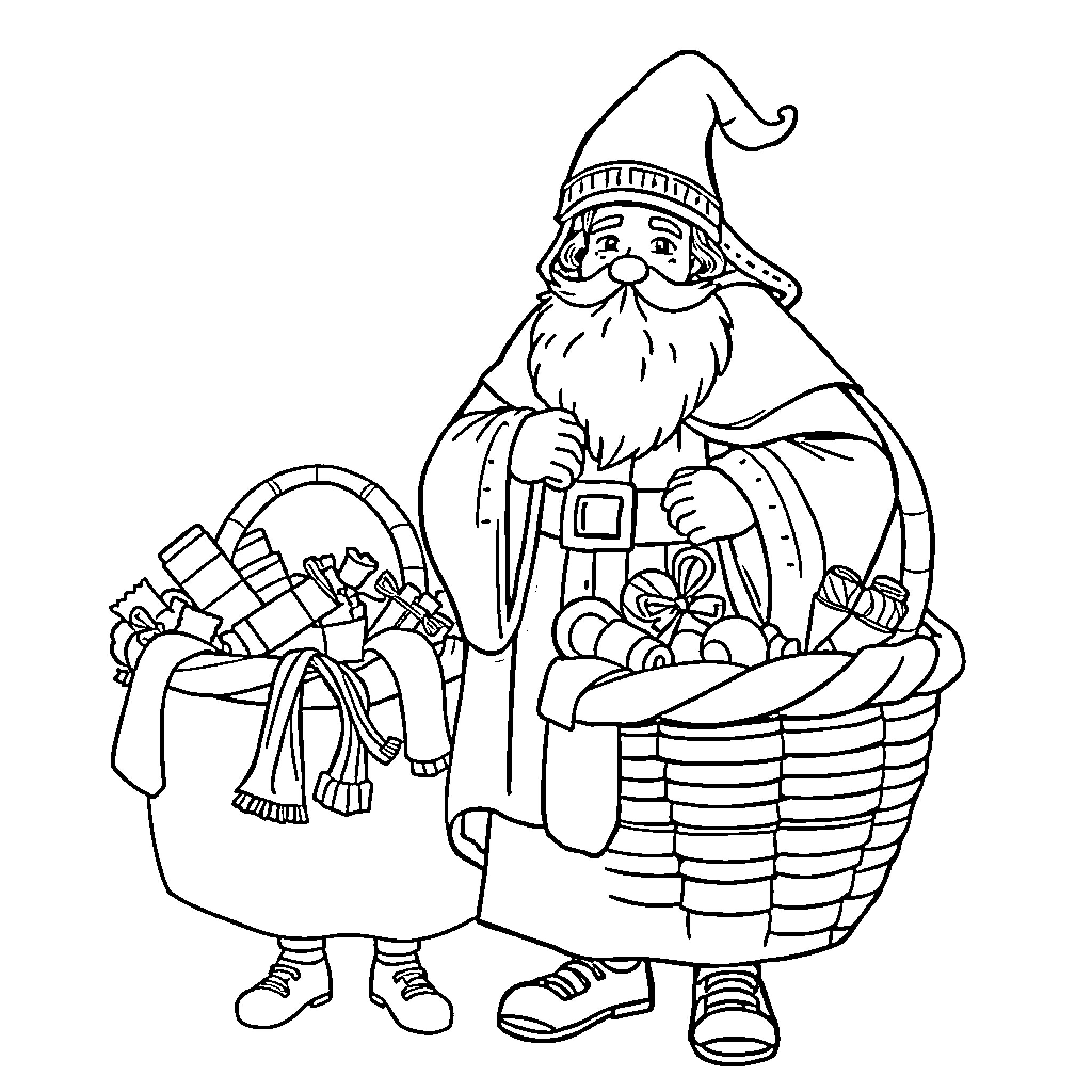 Saint Nicolas carrying gifts in baskets Coloring Page (free black-and-white line drawing printable PDF for all, from beginners to advanced learners, including children, teens, adults, and seniors)