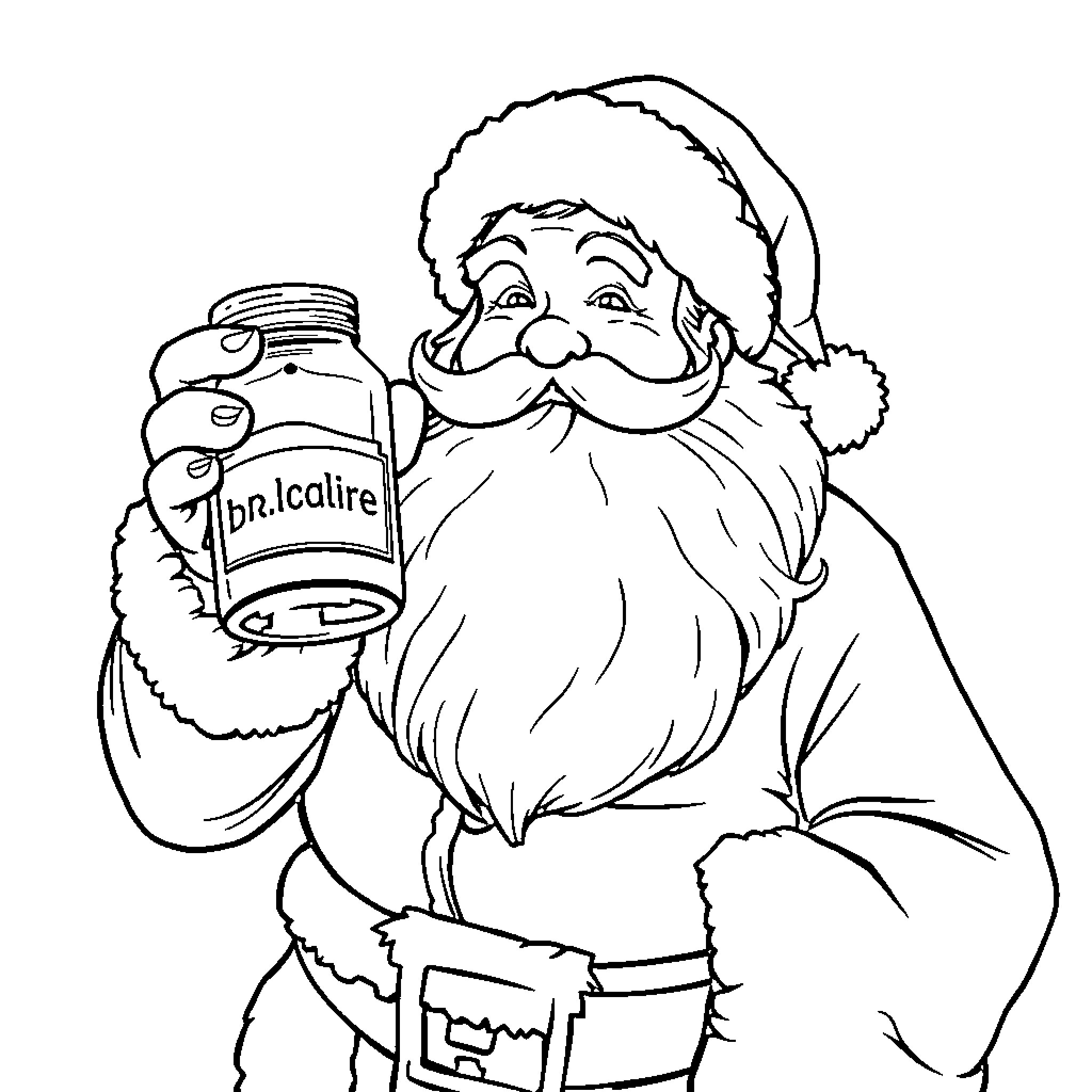 Santa Offering Medication with Jolly Expression Coloring Page (free black-and-white line drawing printable PDF for all, from beginners to advanced learners, including children, teens, adults, and seniors)