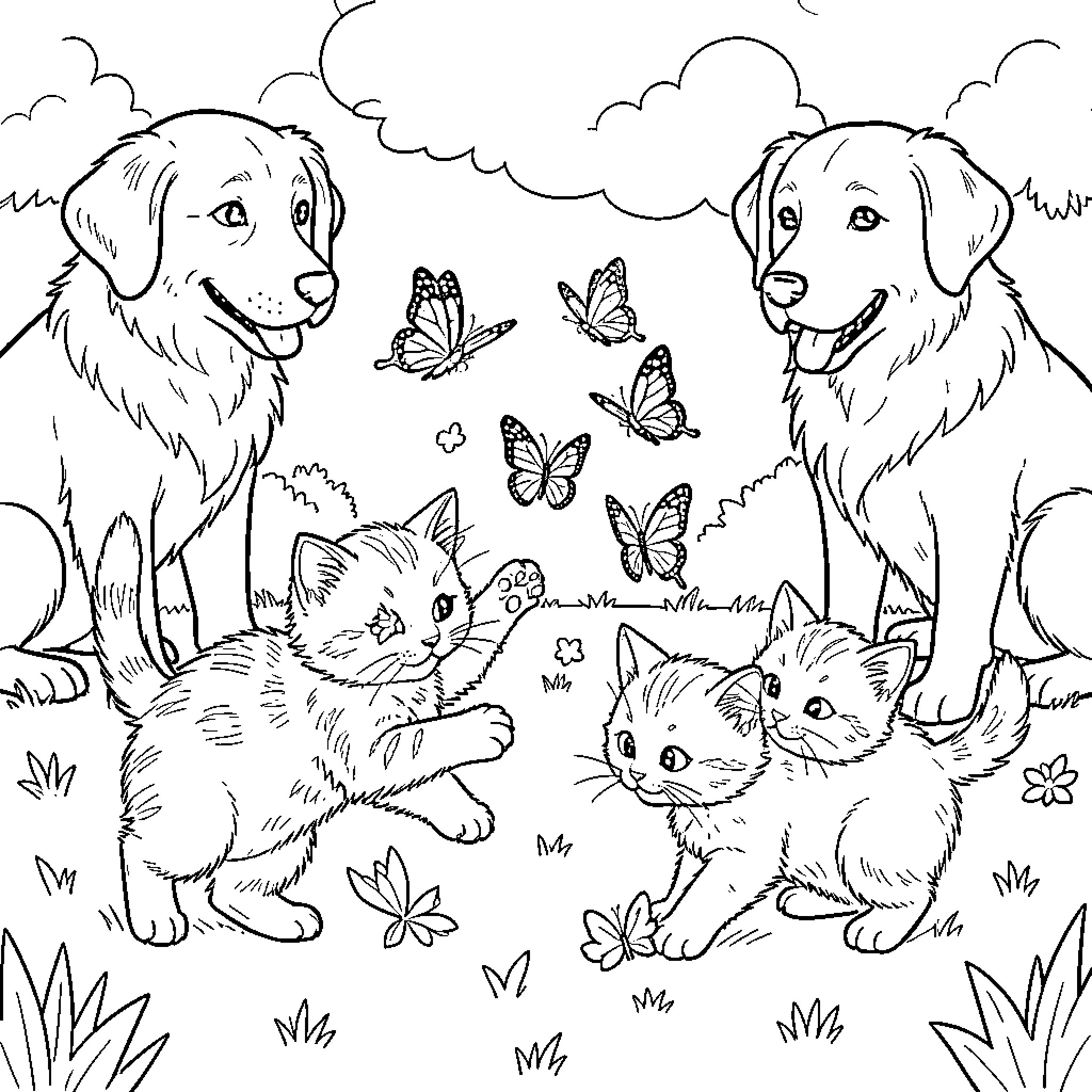 Kitty Cats and Pups Playing with Butterflies Coloring Page (free black-and-white line drawing printable PDF for all, from beginners to advanced learners, including children, teens, adults, and seniors)