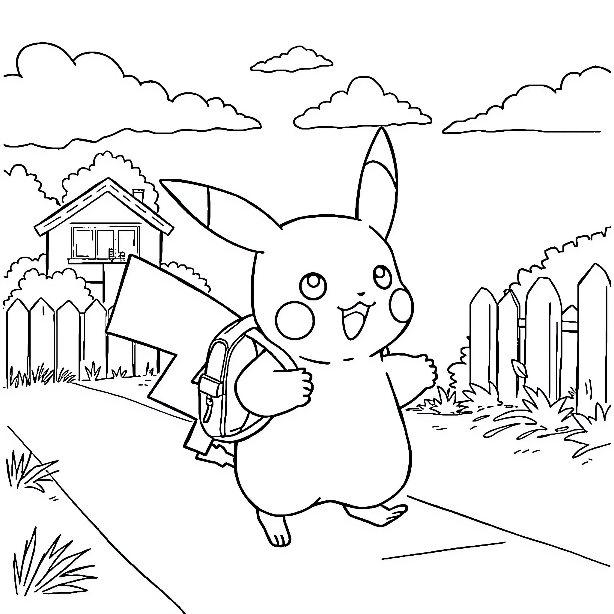 Pikachu exploring the countryside Coloring Page (free black-and-white line drawing printable PDF for all, from beginners to advanced learners, including children, teens, adults, and seniors)