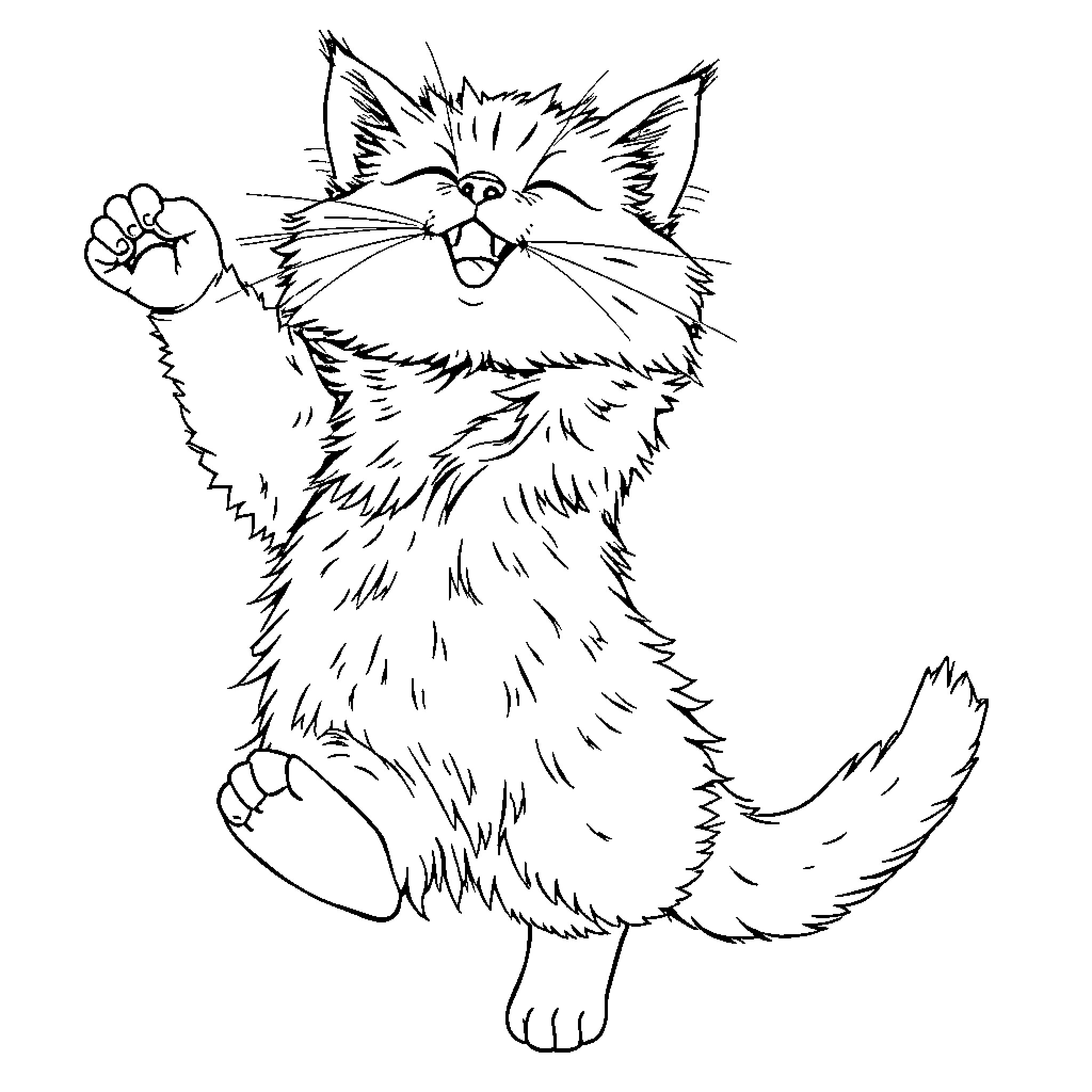 Cat raising playful paw Coloring Page (free black-and-white line drawing printable PDF for all, from beginners to advanced learners, including children, teens, adults, and seniors)
