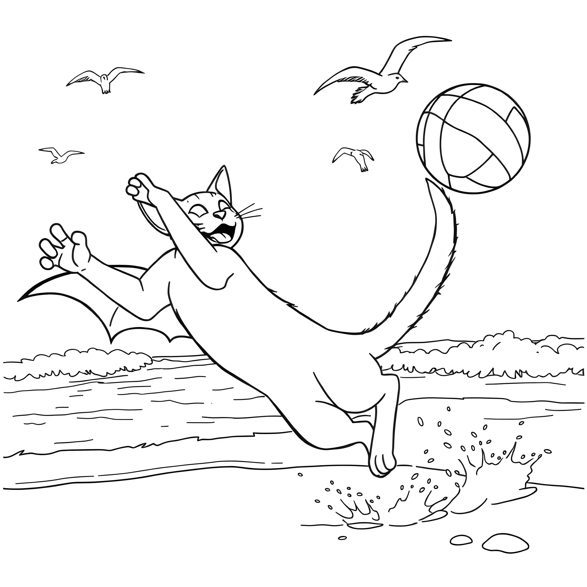 Batcat playing with a beach ball and seagulls Coloring Page (free black-and-white line drawing printable PDF for all, from beginners to advanced learners, including children, teens, adults, and seniors)