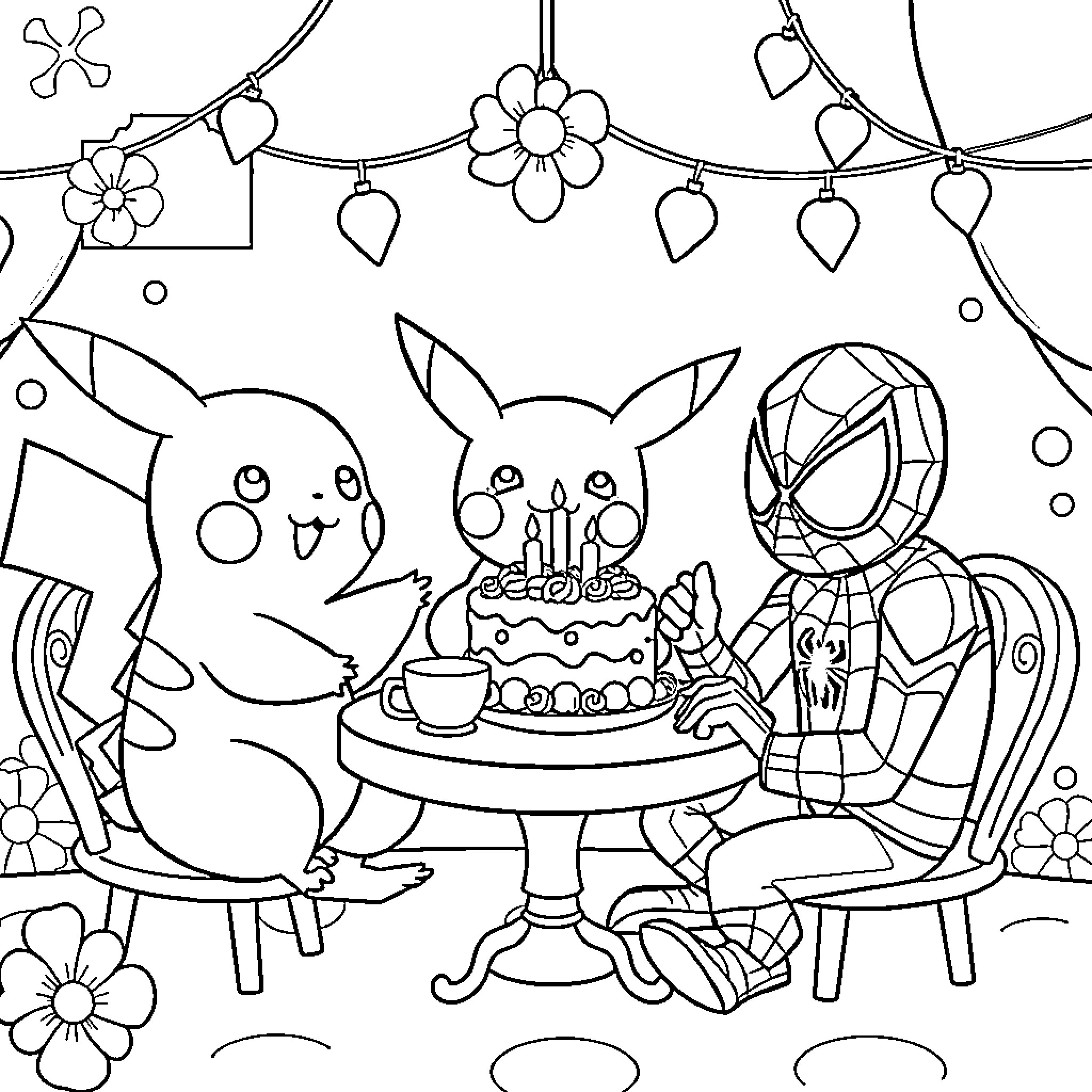 Pikachu and friends celebrate birthday party Coloring Page (free black-and-white line drawing printable PDF for all, from beginners to advanced learners, including children, teens, adults, and seniors)