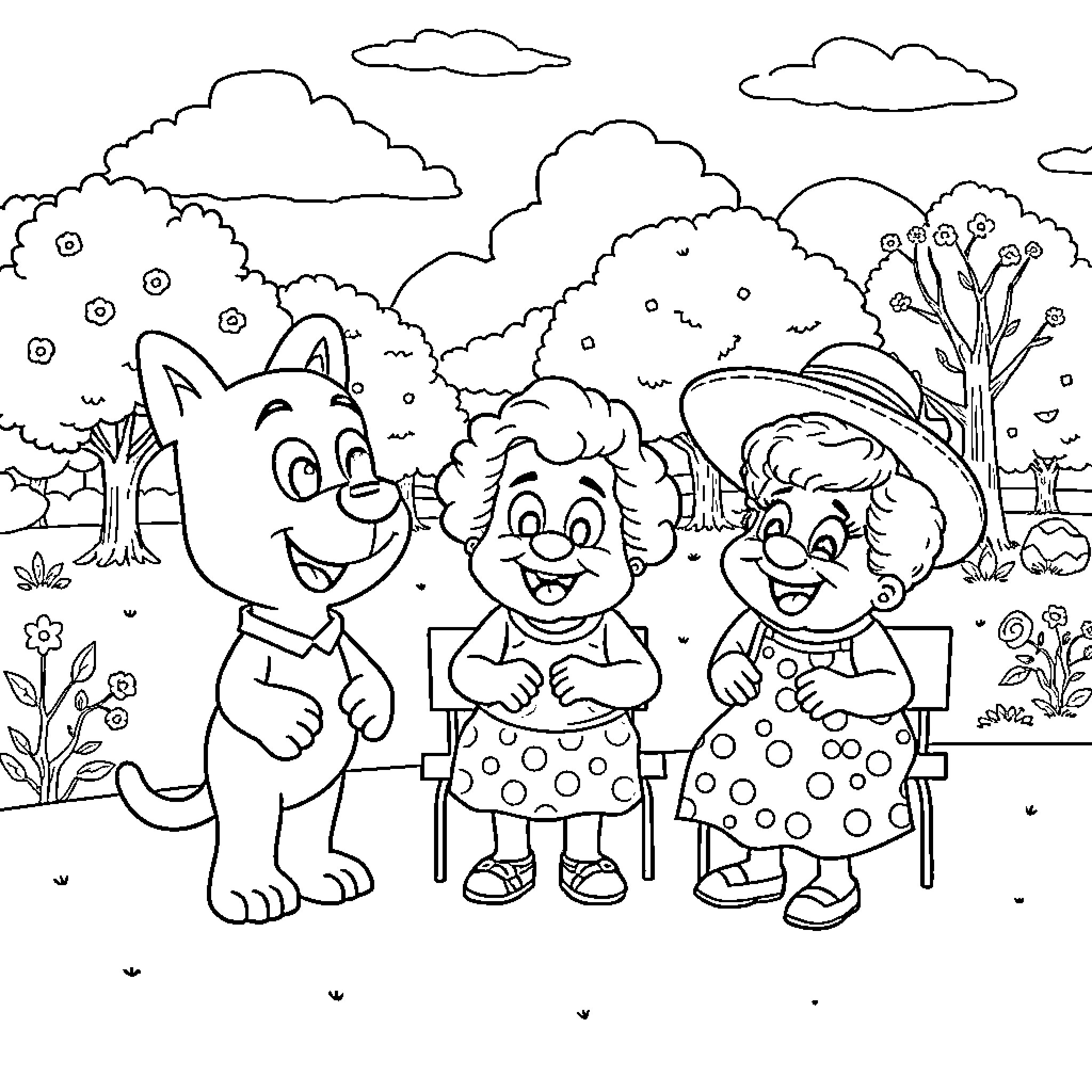Bluey's Outdoor Adventure with Friends Coloring Page (free black-and-white line drawing printable PDF for all, from beginners to advanced learners, including children, teens, adults, and seniors)