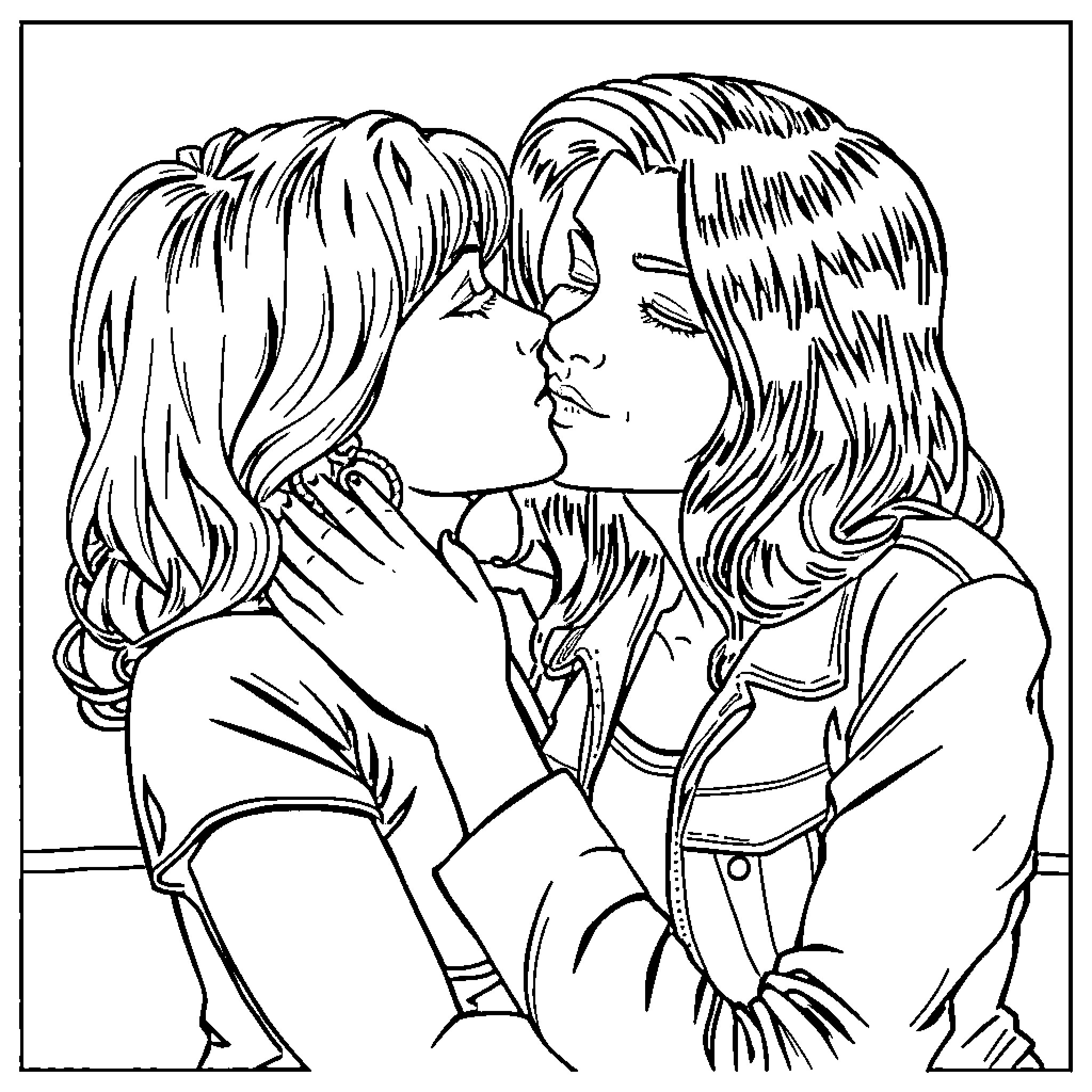 Lisa Swain's intimate embrace with a companion Coloring Page (free black-and-white line drawing printable PDF for all, from beginners to advanced learners, including children, teens, adults, and seniors)