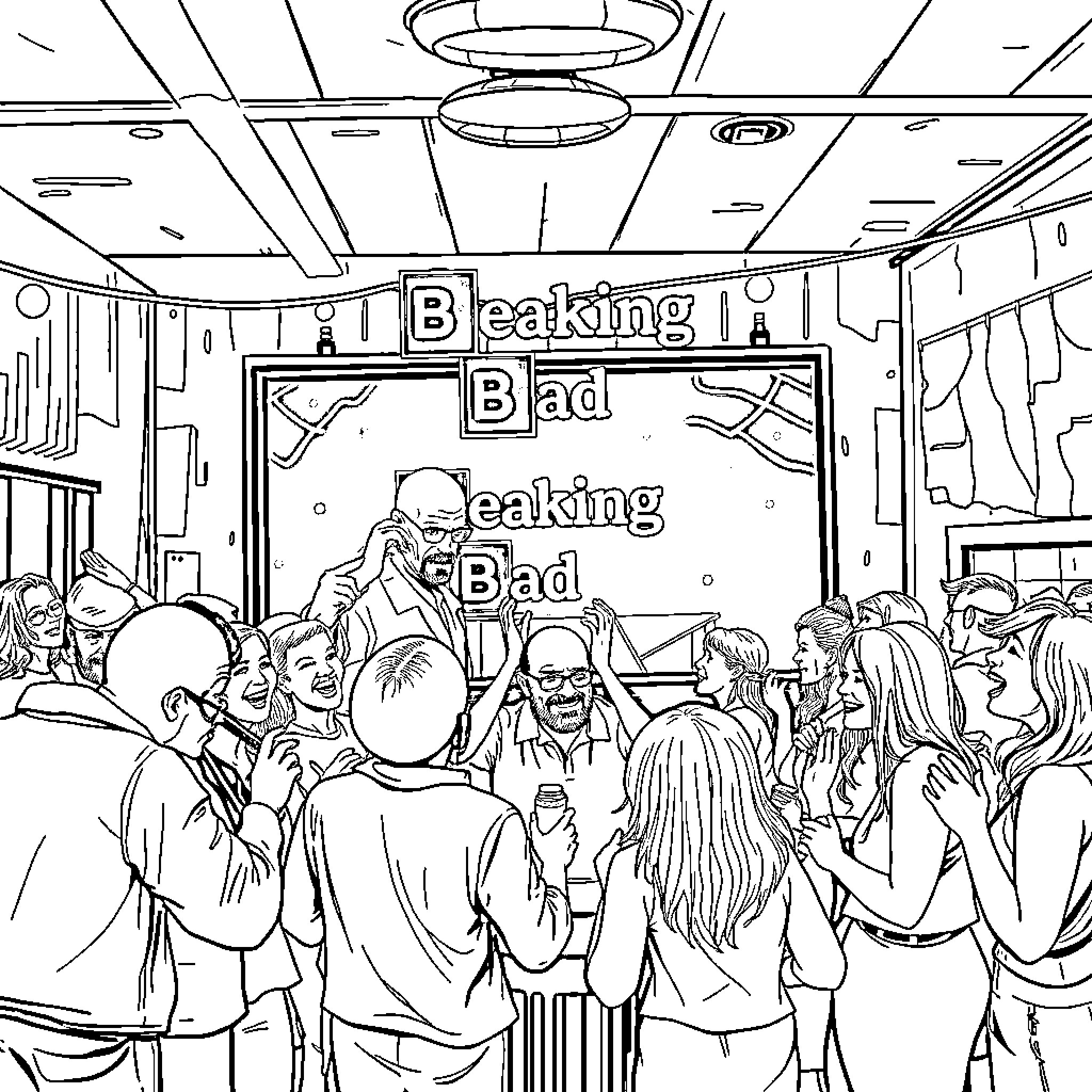 Breaking Bad themed characters in an intense scene Coloring Page (free black-and-white line drawing printable PDF for all, from beginners to advanced learners, including children, teens, adults, and seniors)