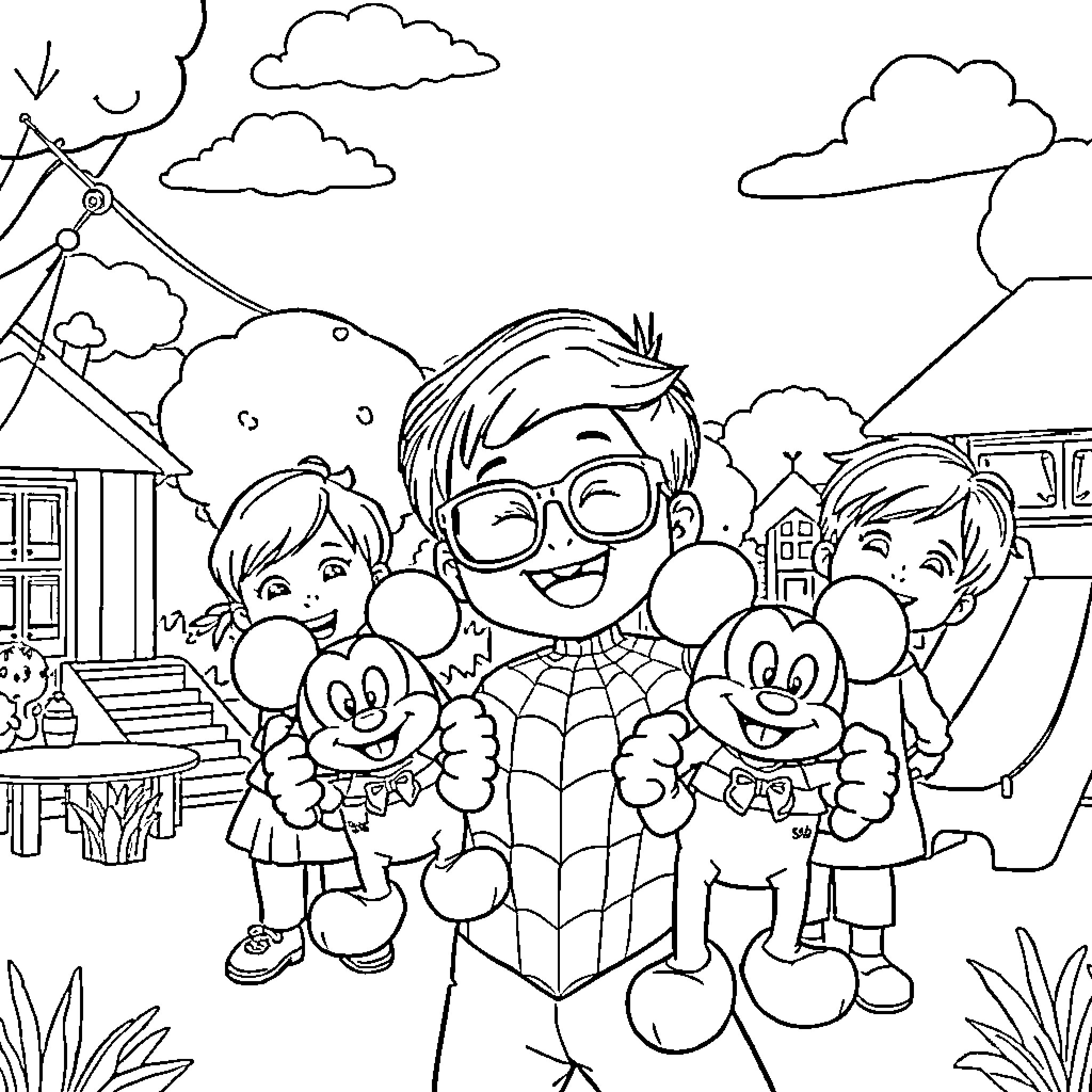 Spiderman and friends enjoying a day out Coloring Page (free black-and-white line drawing printable PDF for all, from beginners to advanced learners, including children, teens, adults, and seniors)