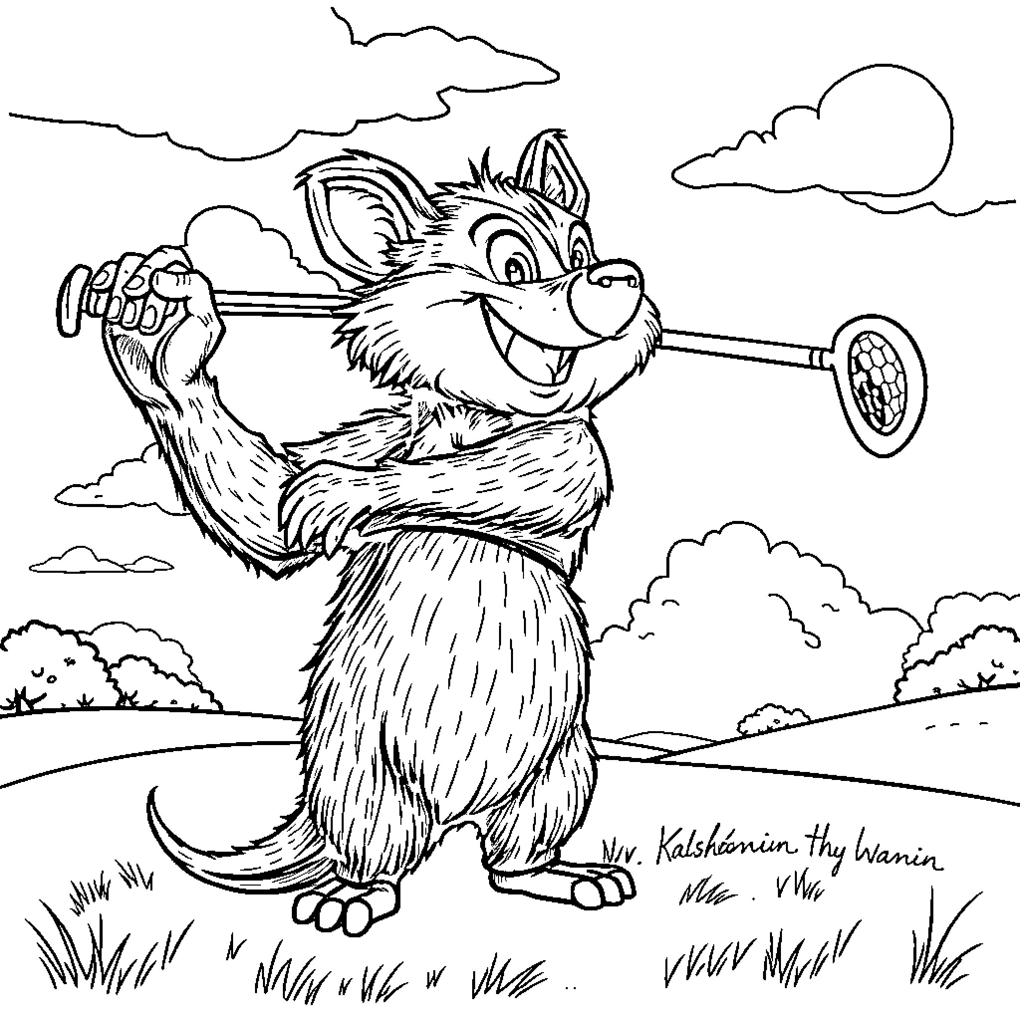 Tazmanian Devil enjoying a game of tennis Coloring Page (free black-and-white line drawing printable PDF for all, from beginners to advanced learners, including children, teens, adults, and seniors)