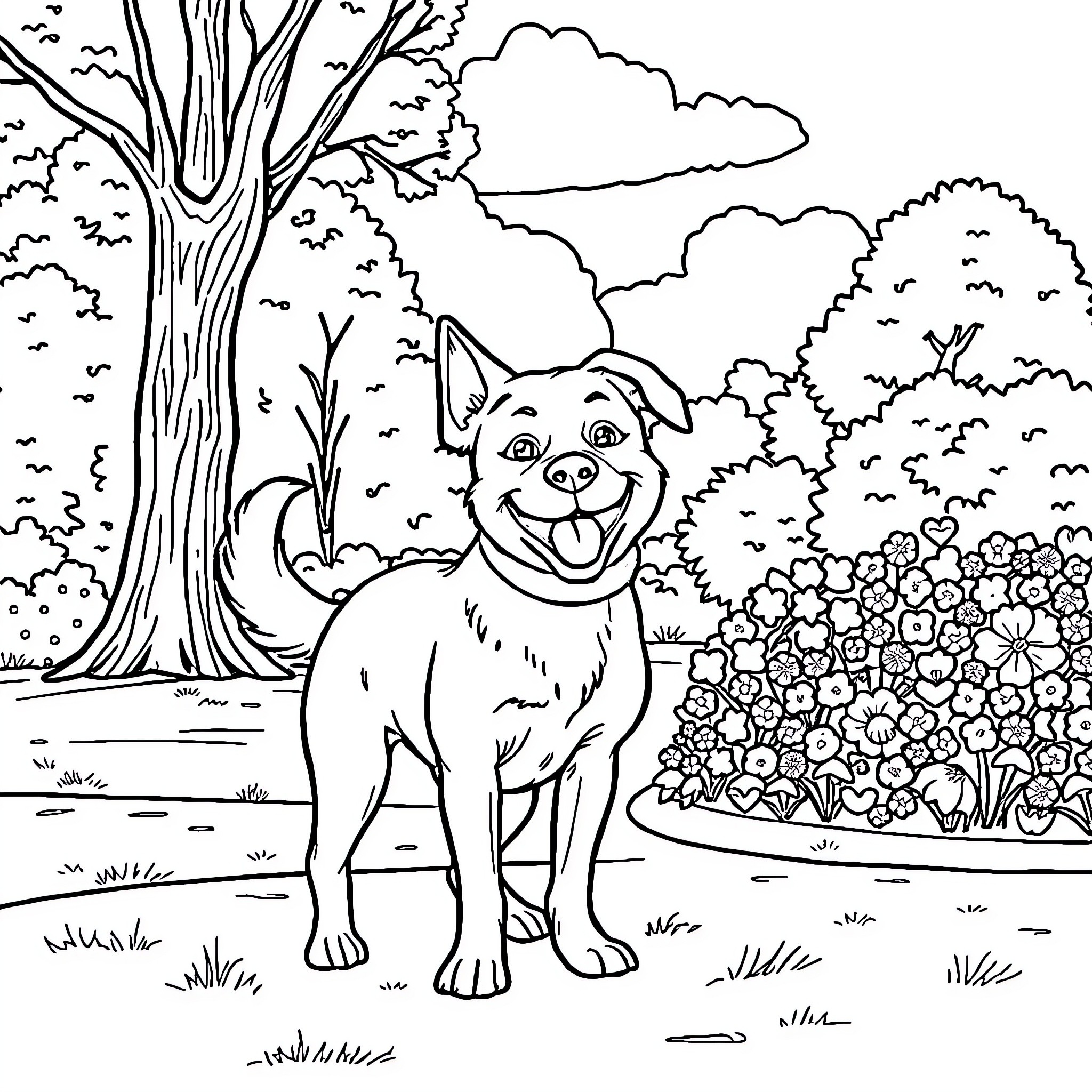 Dog enjoying nature in a park Coloring Page (free black-and-white line drawing printable PDF for all, from beginners to advanced learners, including children, teens, adults, and seniors)