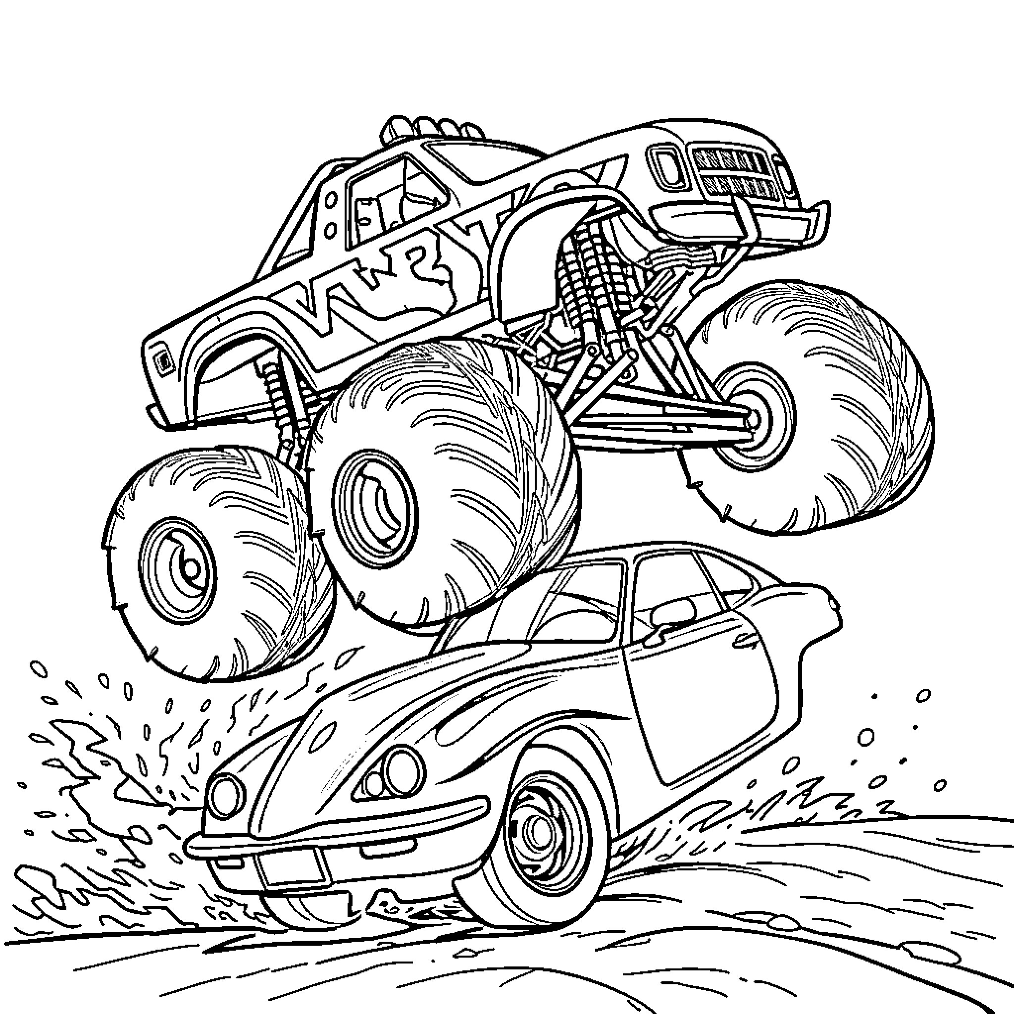 Bull Monster Truck Crushing Small Car Coloring Page (free black-and-white line drawing printable PDF for all, from beginners to advanced learners, including children, teens, adults, and seniors)