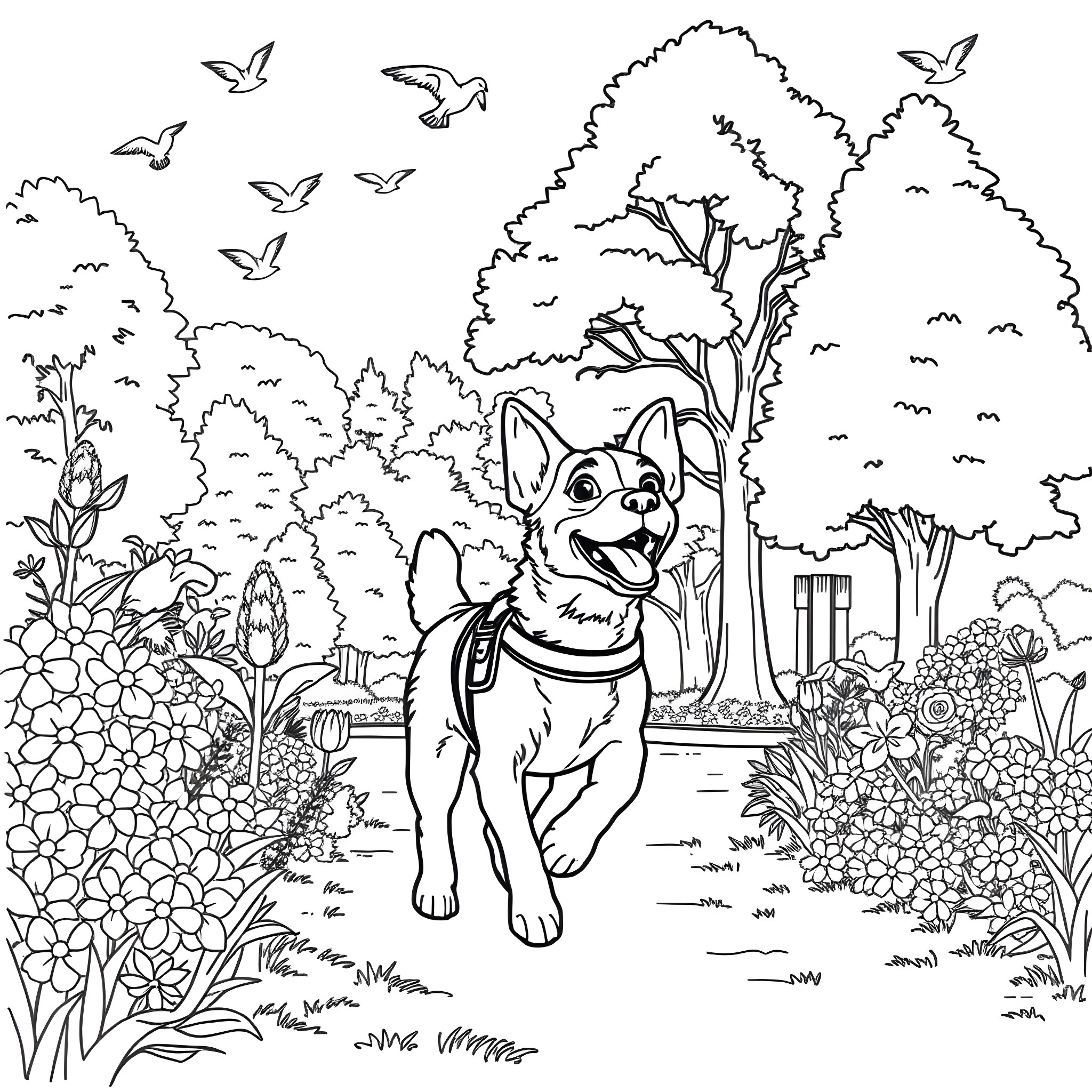 Dog enjoying the outdoors in a beautiful garden Coloring Page (free black-and-white line drawing printable PDF for all, from beginners to advanced learners, including children, teens, adults, and seniors)