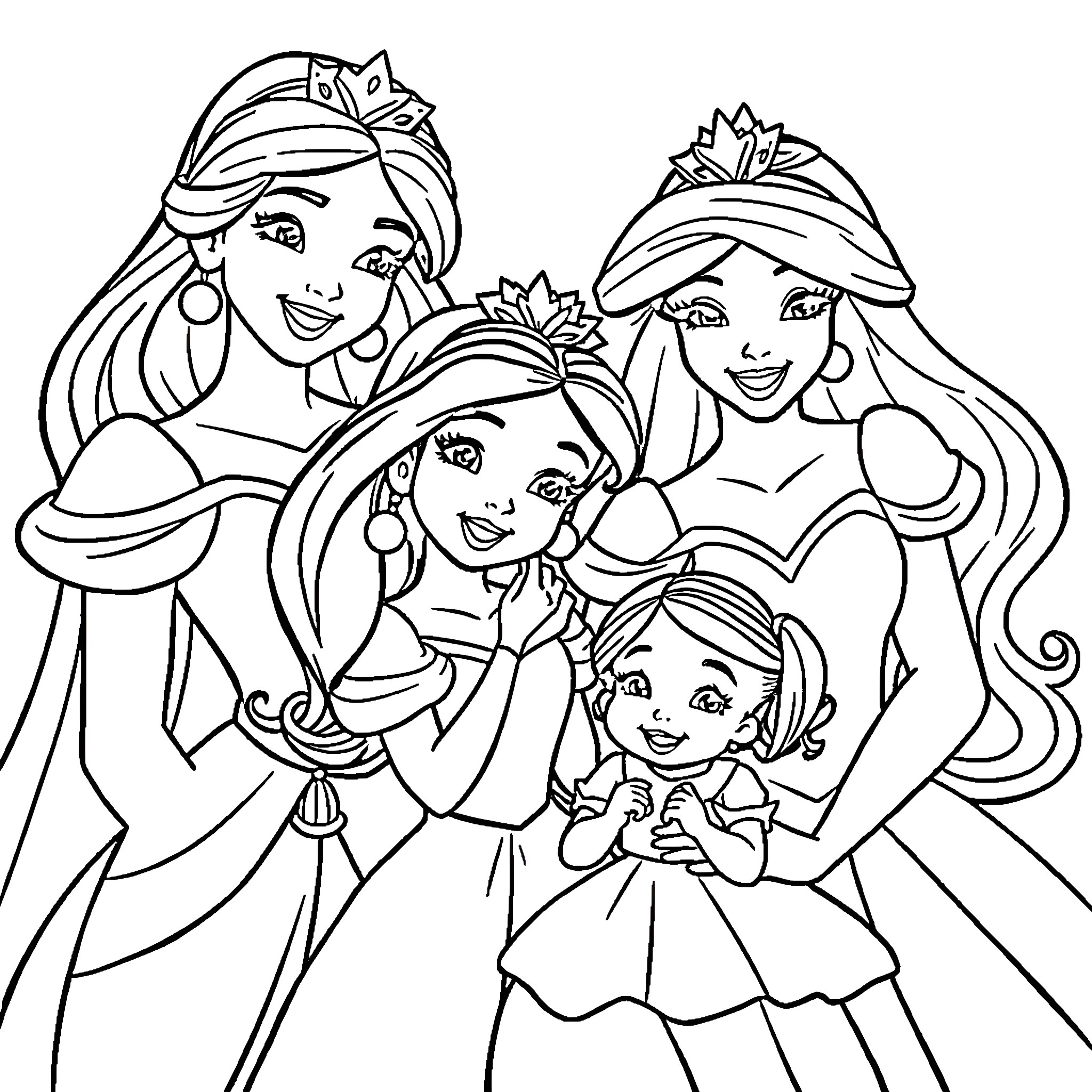 Disney Princess Group Portrait with Dresses and Crowns Coloring Page (free black-and-white line drawing printable PDF for all, from beginners to advanced learners, including children, teens, adults, and seniors)