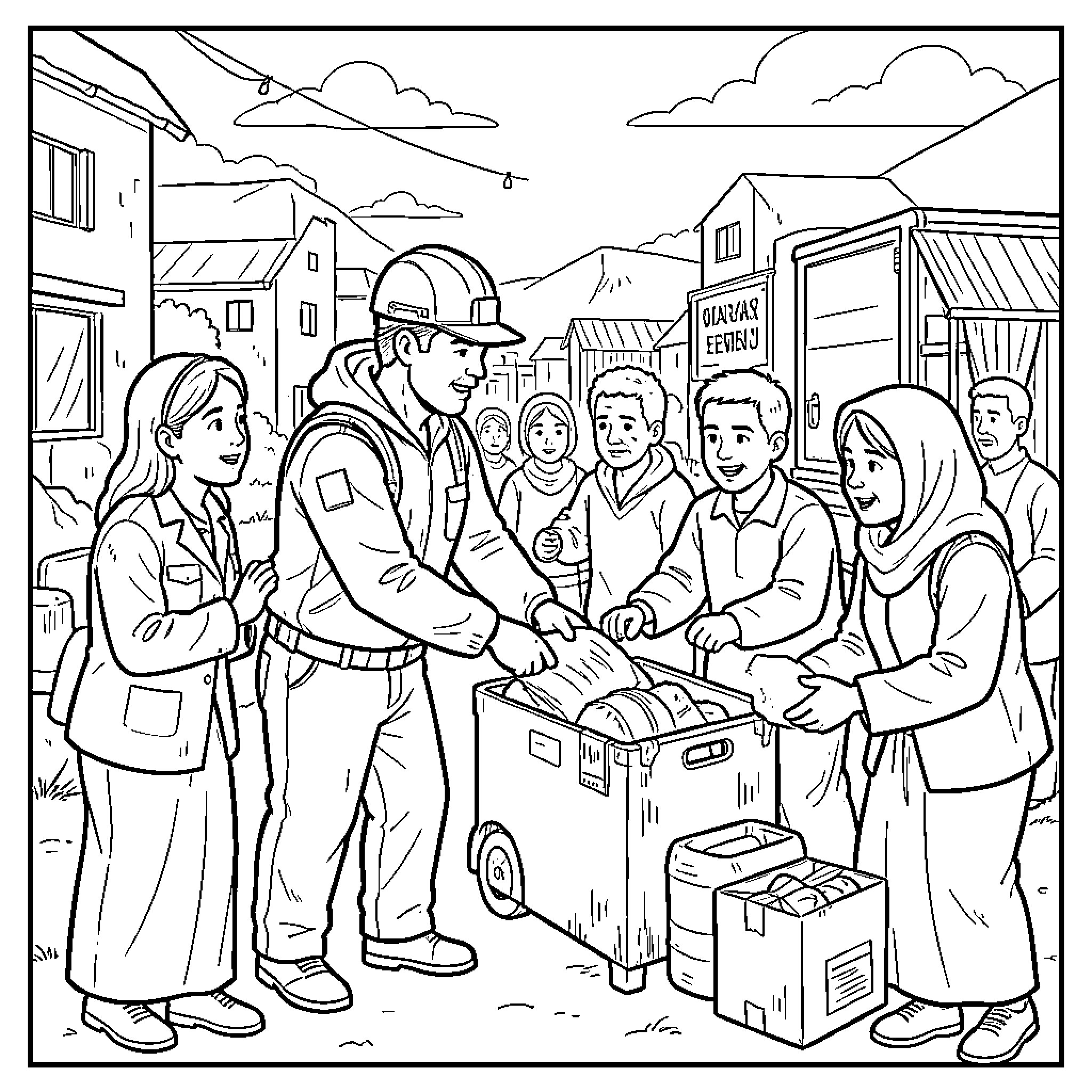 Humanitarian Aid Worker distributing supplies to smiling local children Coloring Page (free black-and-white line drawing printable PDF for all, from beginners to advanced learners, including children, teens, adults, and seniors)
