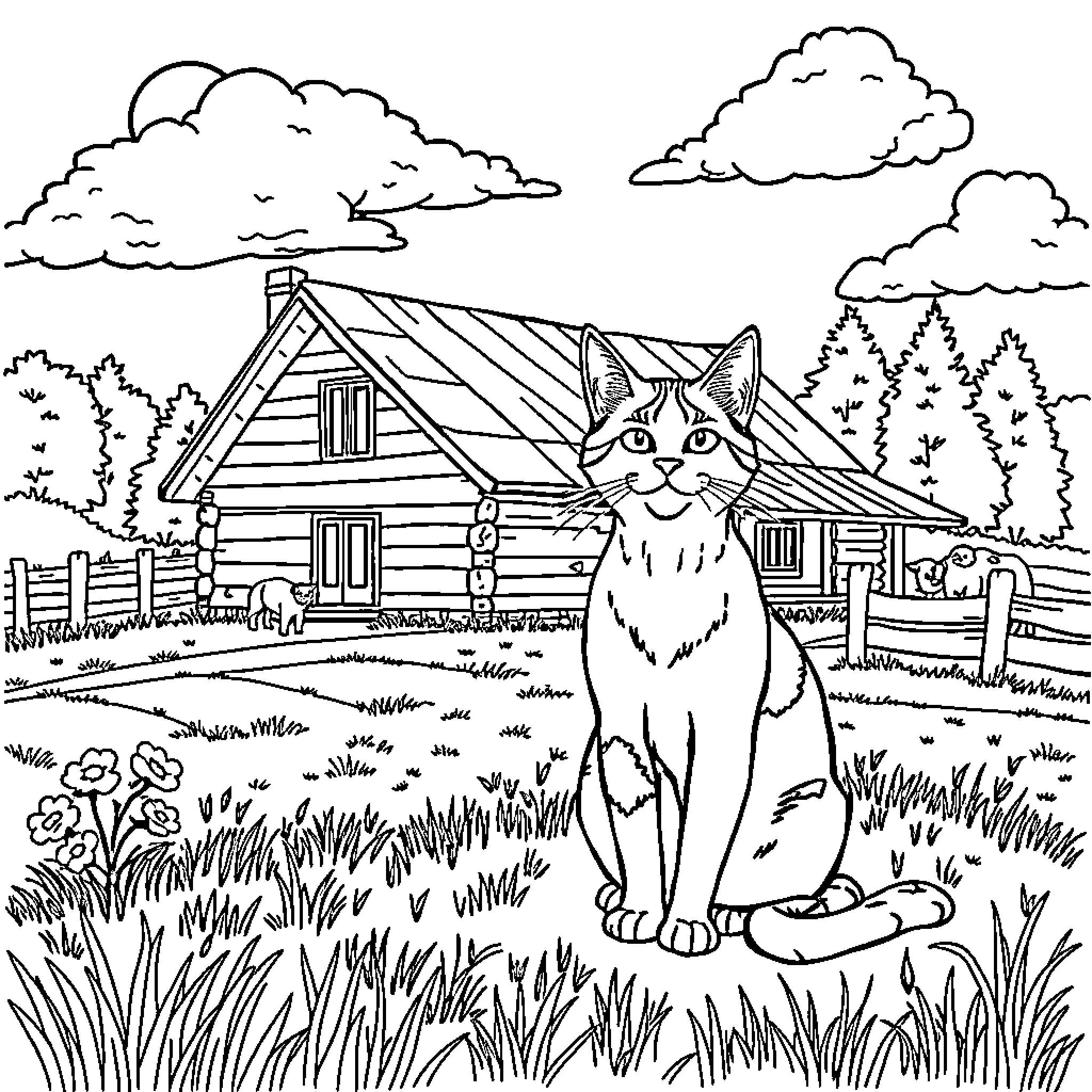 Cat exploring the countryside farmhouse Coloring Page (free black-and-white line drawing printable PDF for all, from beginners to advanced learners, including children, teens, adults, and seniors)