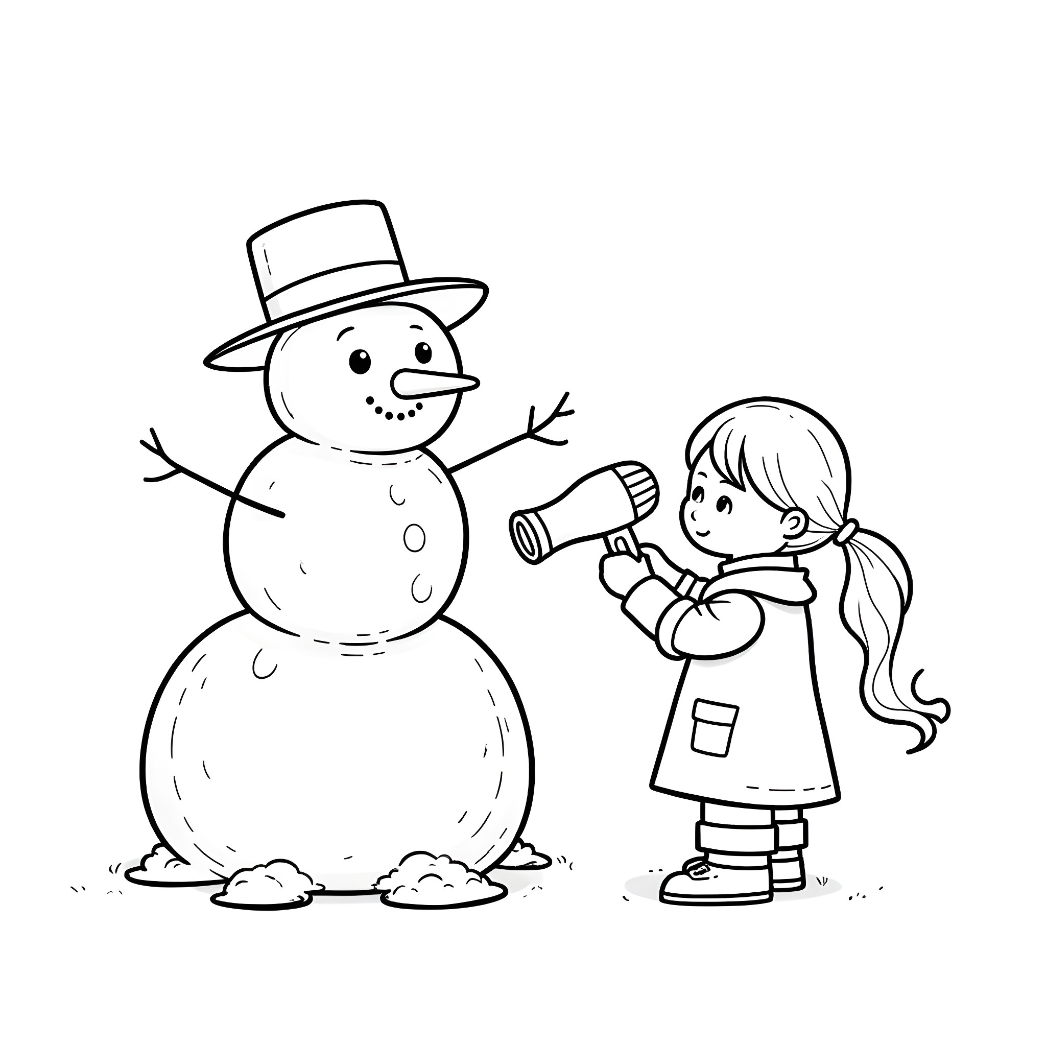 Snowman with friendly girl Coloring Page (free black-and-white line drawing printable PDF for all, from beginners to advanced learners, including children, teens, adults, and seniors)