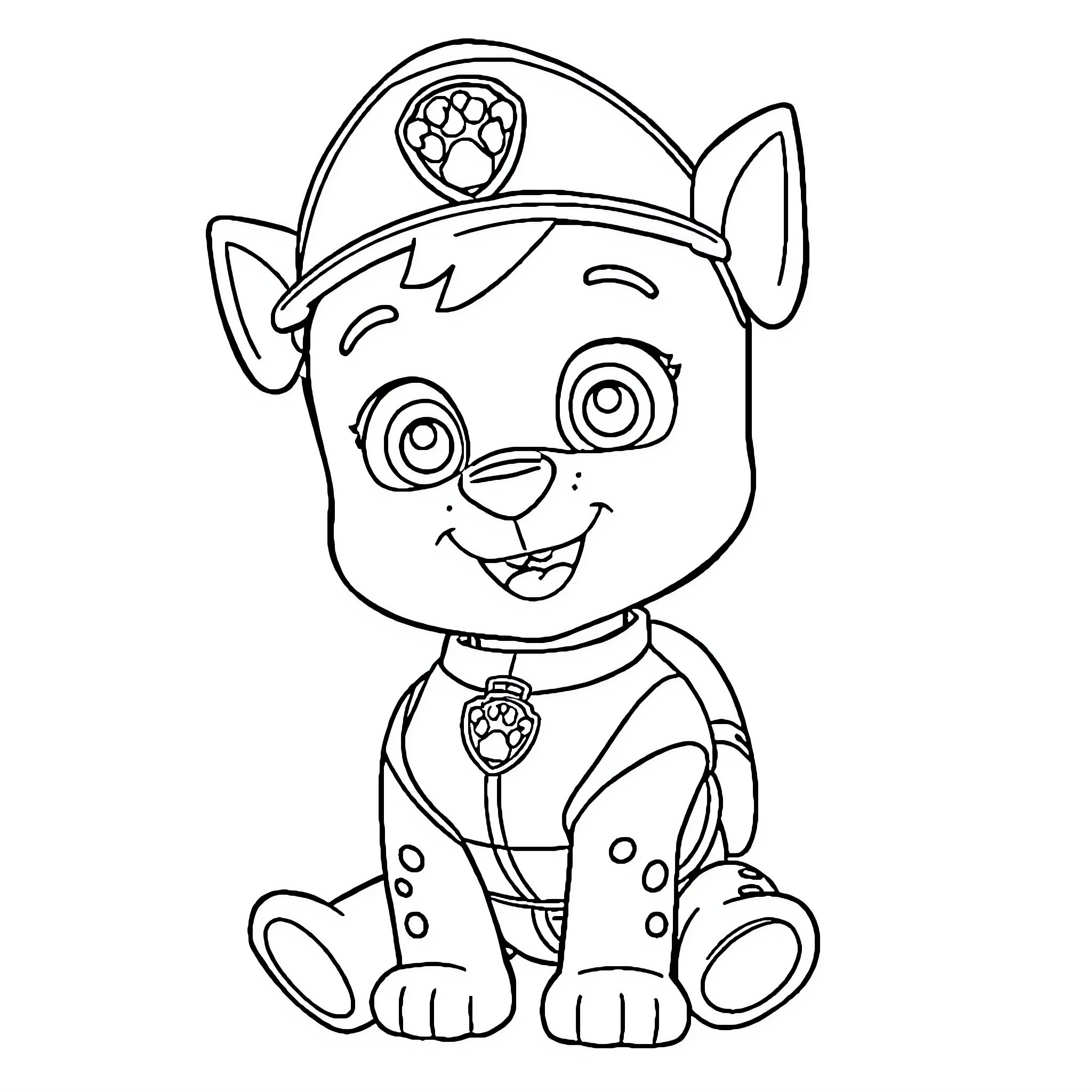 Paw Patrol character in uniform smiling happily Coloring Page (free black-and-white line drawing printable PDF for all, from beginners to advanced learners, including children, teens, adults, and seniors)