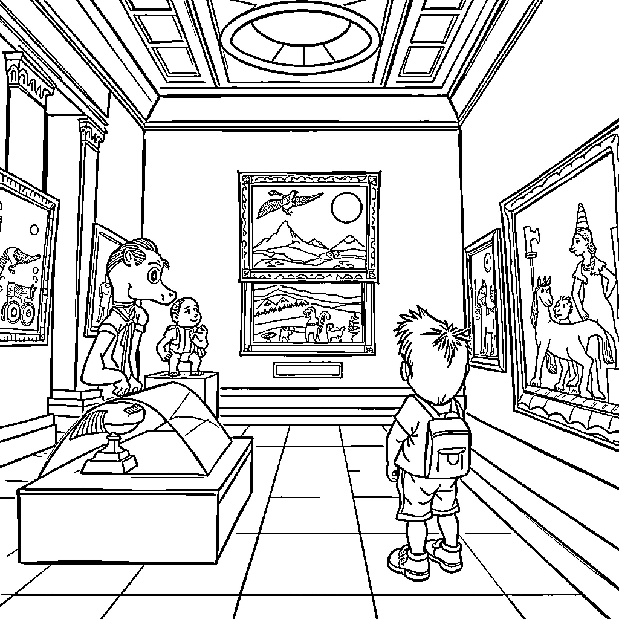 Kid exploring art gallery with various exhibits Coloring Page (free black-and-white line drawing printable PDF for all, from beginners to advanced learners, including children, teens, adults, and seniors)