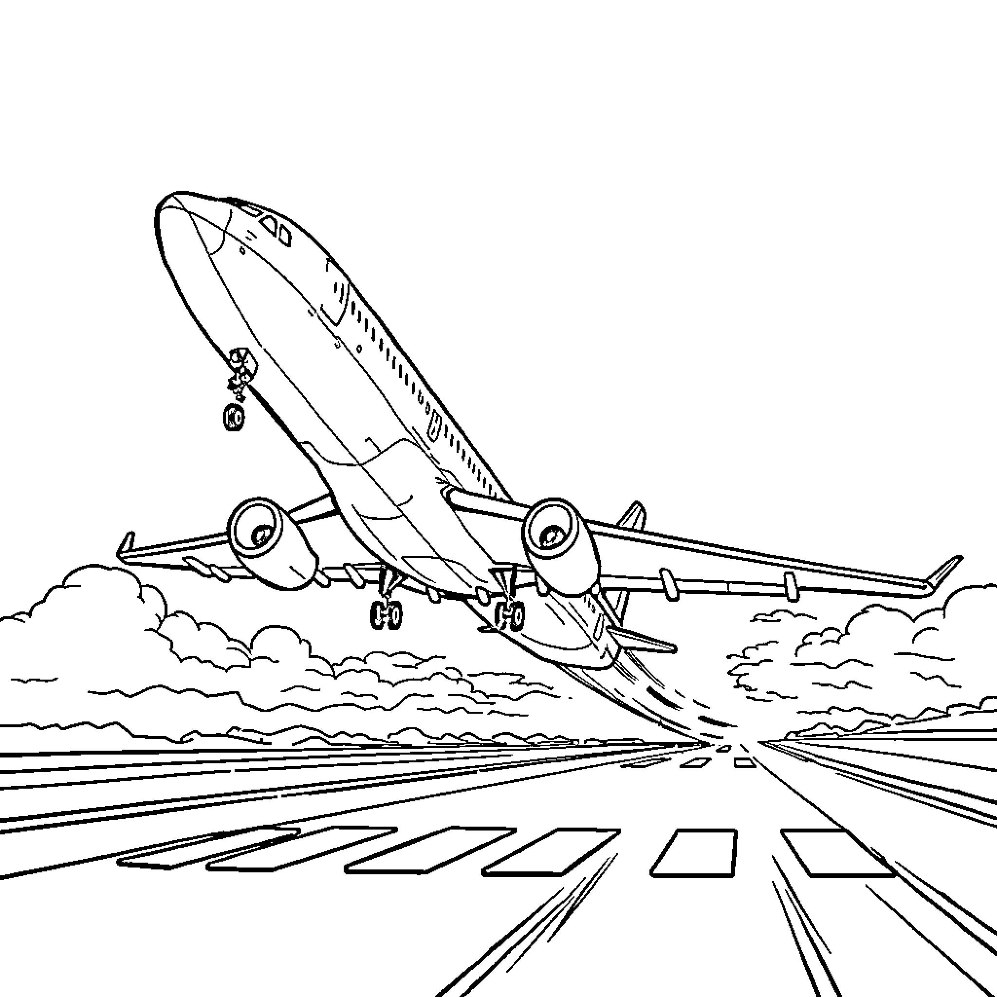 Airplane taking off from the runway Coloring Page (free black-and-white line drawing printable PDF for all, from beginners to advanced learners, including children, teens, adults, and seniors)