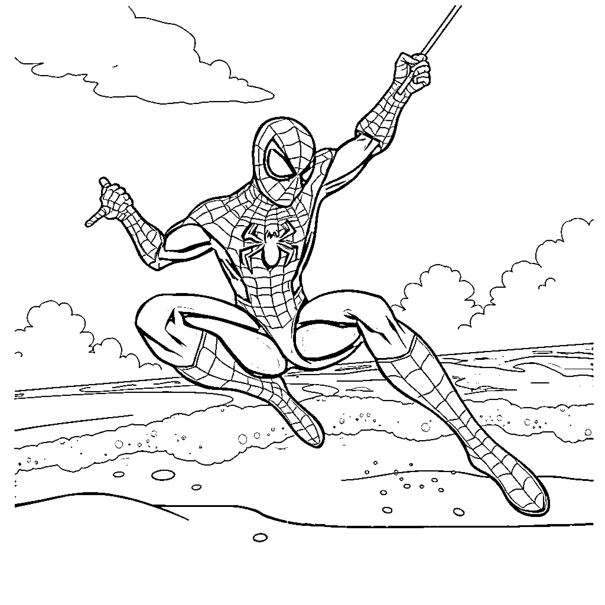 Spider-Man swinging into action on the beach Coloring Page (free black-and-white line drawing printable PDF for all, from beginners to advanced learners, including children, teens, adults, and seniors)