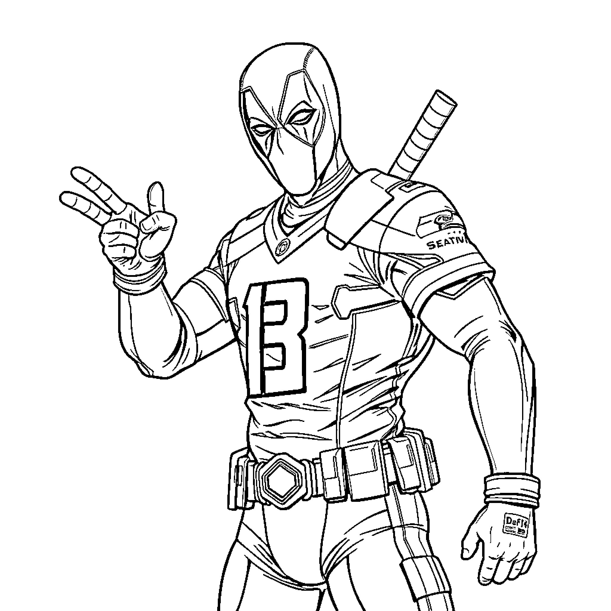 Deadpool Playfully Striking a Pose Coloring Page (free black-and-white line drawing printable PDF for all, from beginners to advanced learners, including children, teens, adults, and seniors)