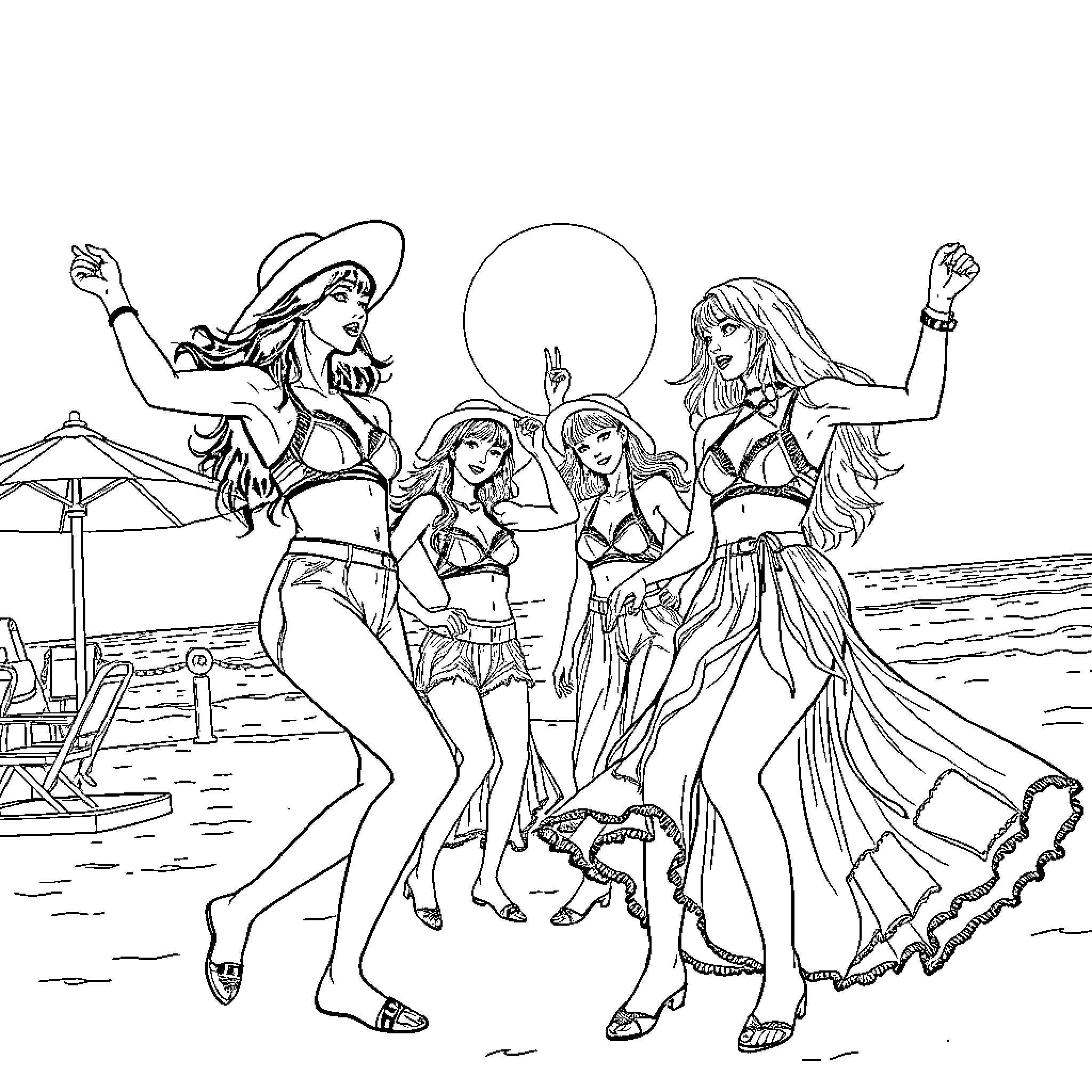 Kpop Warriors Rocking the Beach Coloring Page (free black-and-white line drawing printable PDF for all, from beginners to advanced learners, including children, teens, adults, and seniors)