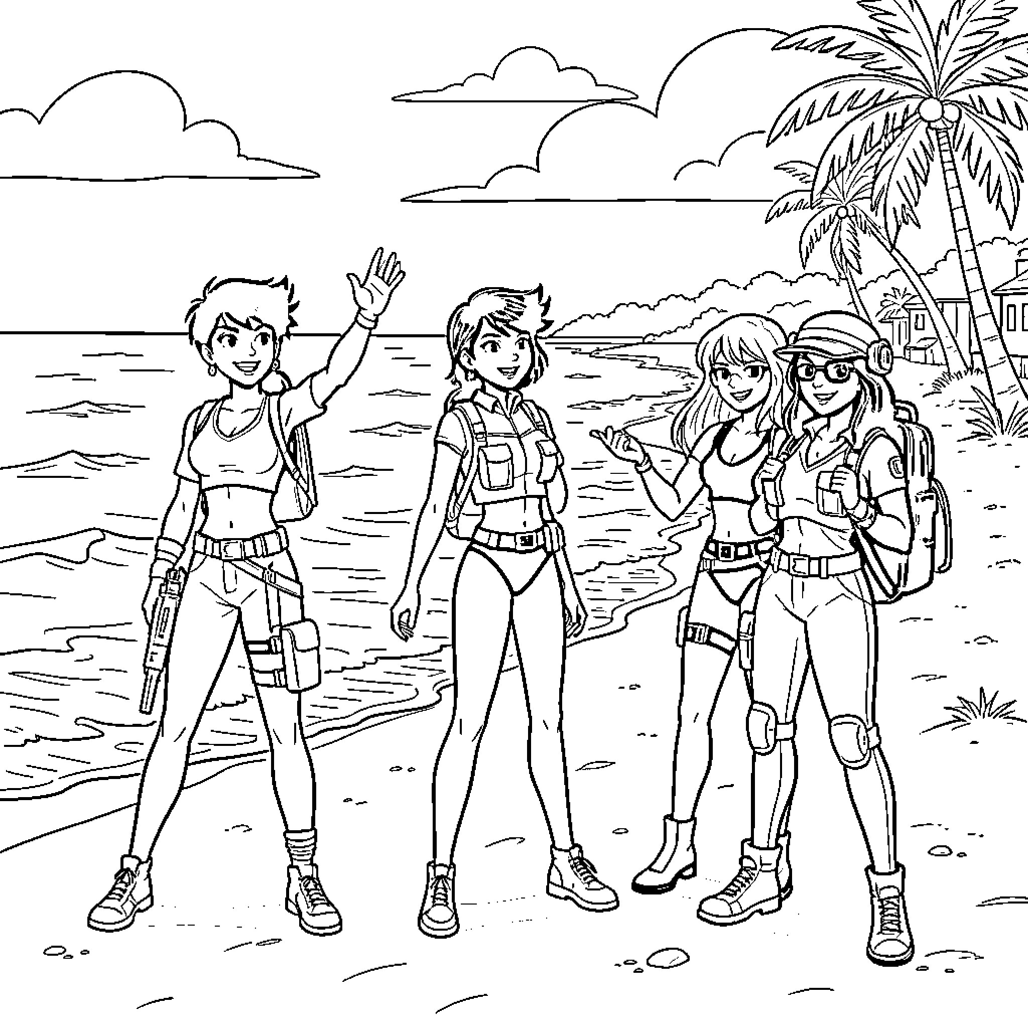 Spy team posing together on a tropical beach Coloring Page (free black-and-white line drawing printable PDF for all, from beginners to advanced learners, including children, teens, adults, and seniors)