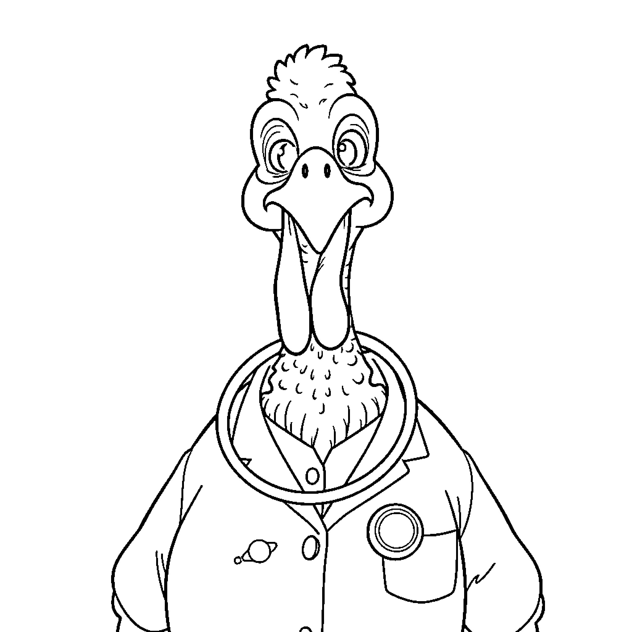 Turkey in Formal Attire Coloring Page (free black-and-white line drawing printable PDF for all, from beginners to advanced learners, including children, teens, adults, and seniors)