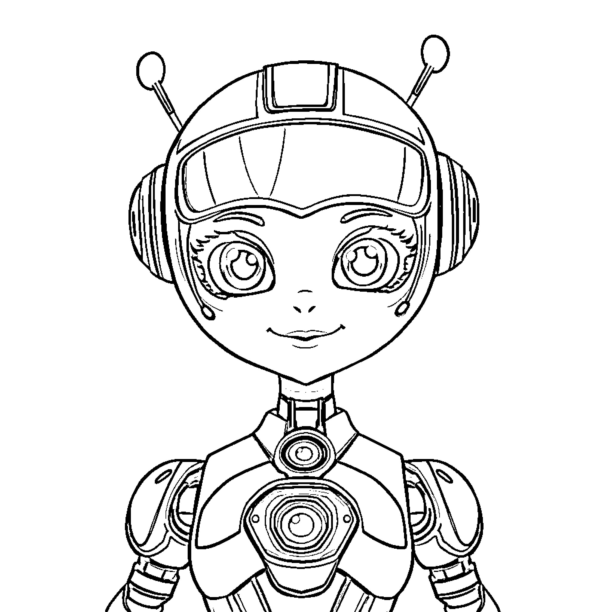 Megan the Helpful Robot Coloring Page (free black-and-white line drawing printable PDF for all, from beginners to advanced learners, including children, teens, adults, and seniors)