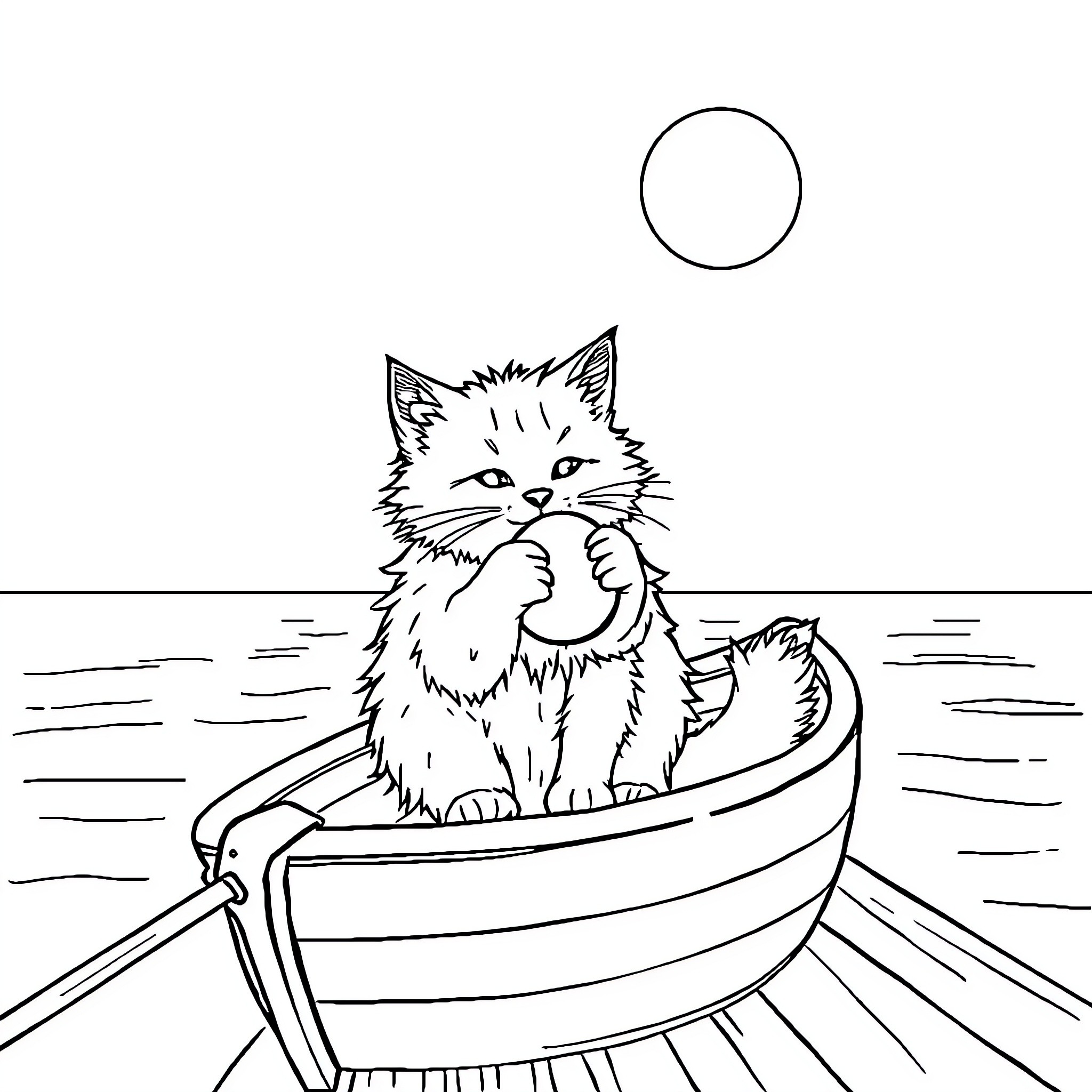 Cat sailing alone on a boat under the moon Coloring Page (free black-and-white line drawing printable PDF for all, from beginners to advanced learners, including children, teens, adults, and seniors)
