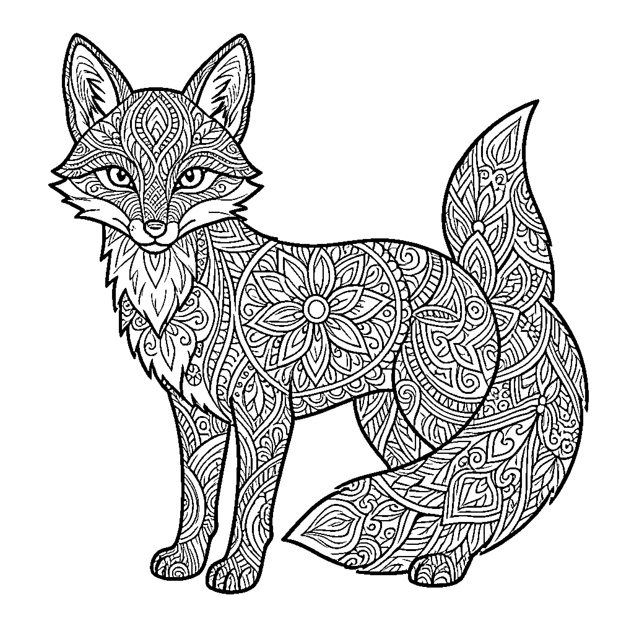 Fox adorned with intricate patterns and designs Coloring Page (free black-and-white line drawing printable PDF for all, from beginners to advanced learners, including children, teens, adults, and seniors)