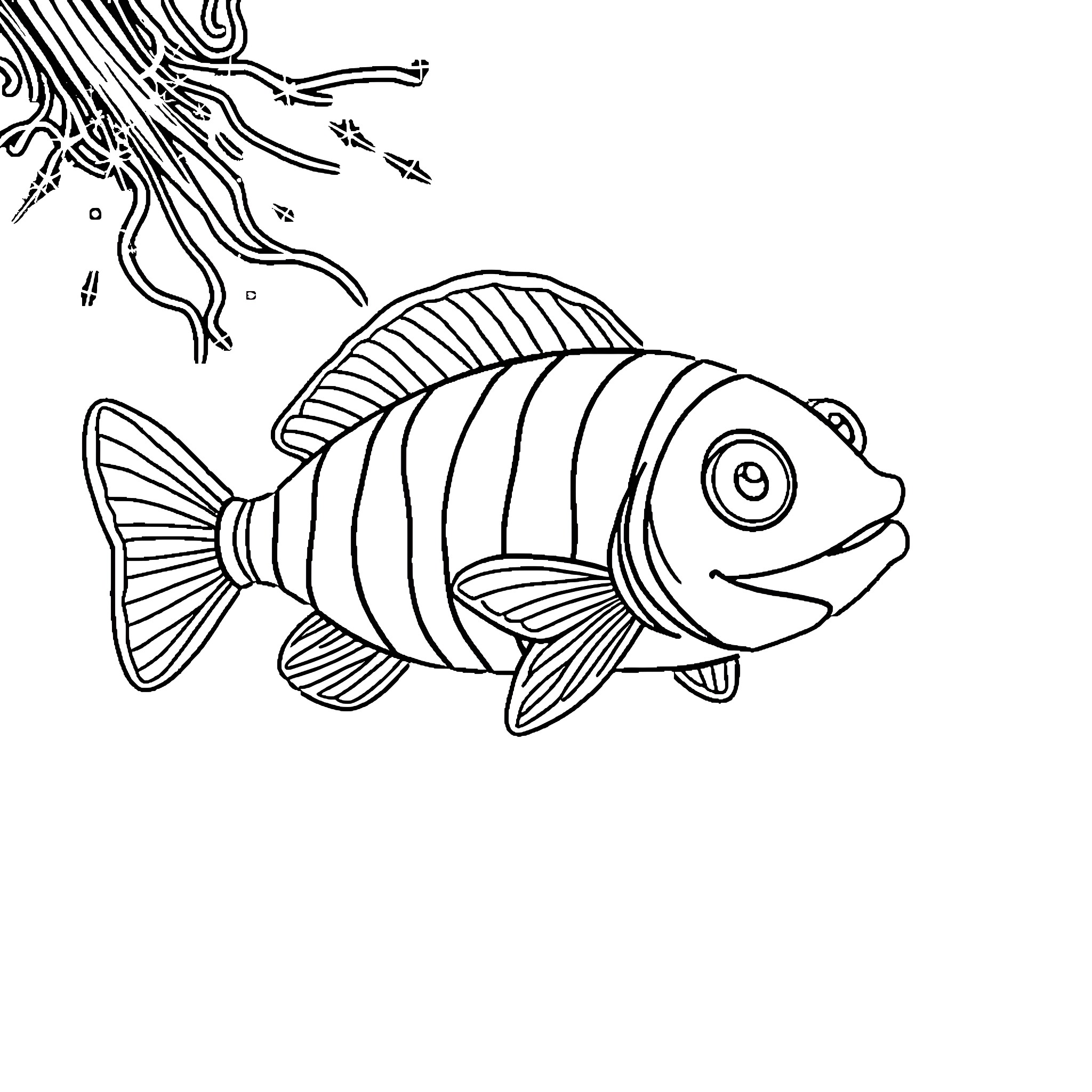 Scoubidou Fish Swimming Happily in Underwater Scene Coloring Page (free black-and-white line drawing printable PDF for all, from beginners to advanced learners, including children, teens, adults, and seniors)