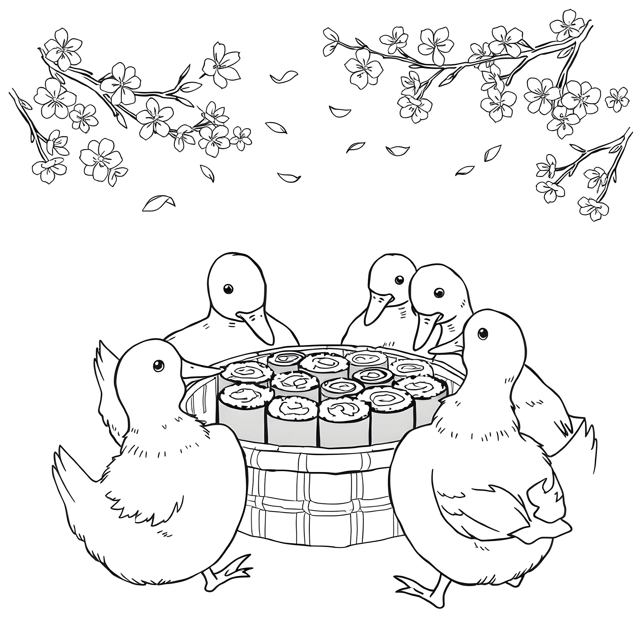 Ducks Gathered Around Basket of Treats Coloring Page (free black-and-white line drawing printable PDF for all, from beginners to advanced learners, including children, teens, adults, and seniors)