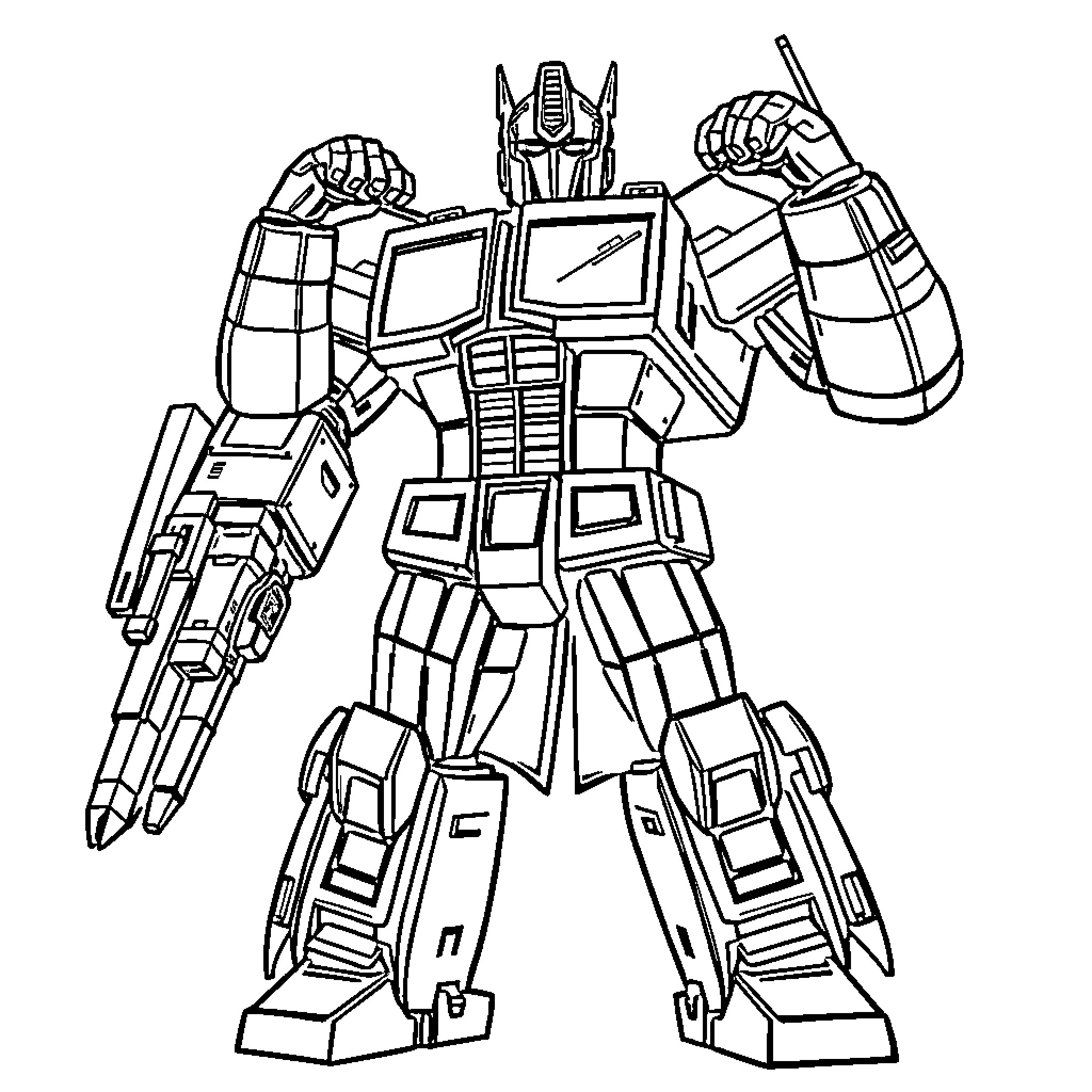 Optimus Prime transforming into robot mode Coloring Page (free black-and-white line drawing printable PDF for all, from beginners to advanced learners, including children, teens, adults, and seniors)