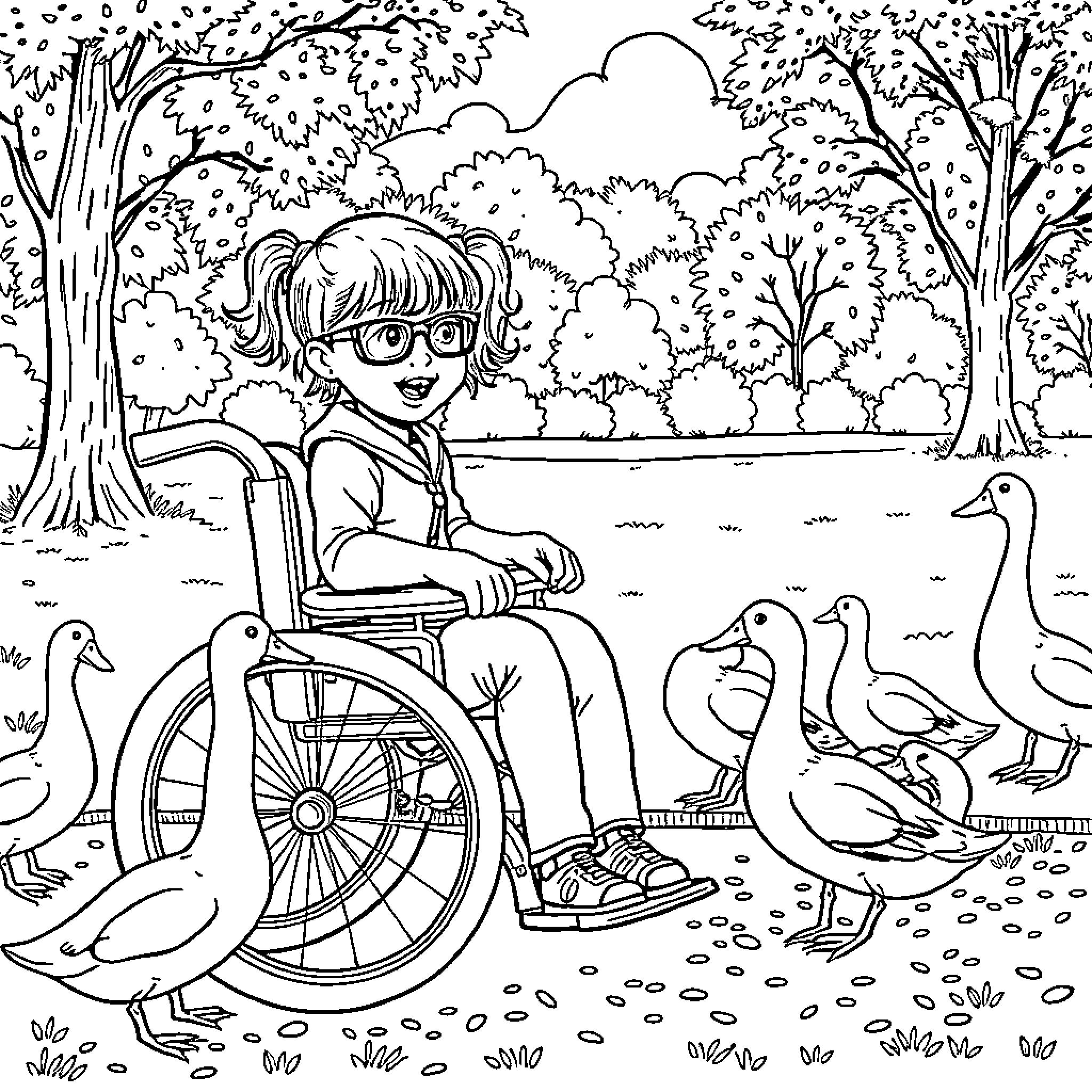 Girl in wheelchair enjoying nature with ducks Coloring Page (free black-and-white line drawing printable PDF for all, from beginners to advanced learners, including children, teens, adults, and seniors)