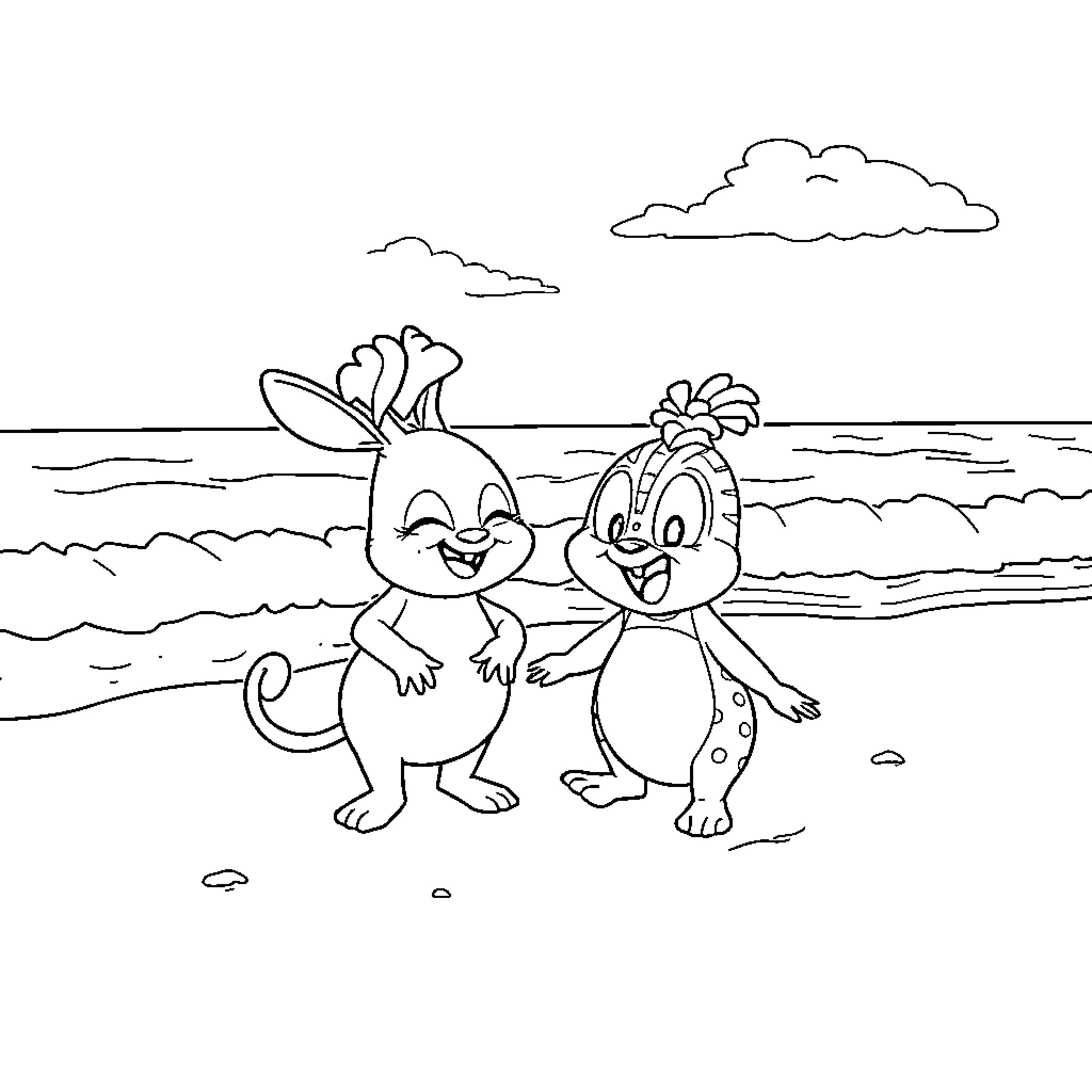 Jumba characters playing on the beach Coloring Page (free black-and-white line drawing printable PDF for all, from beginners to advanced learners, including children, teens, adults, and seniors)