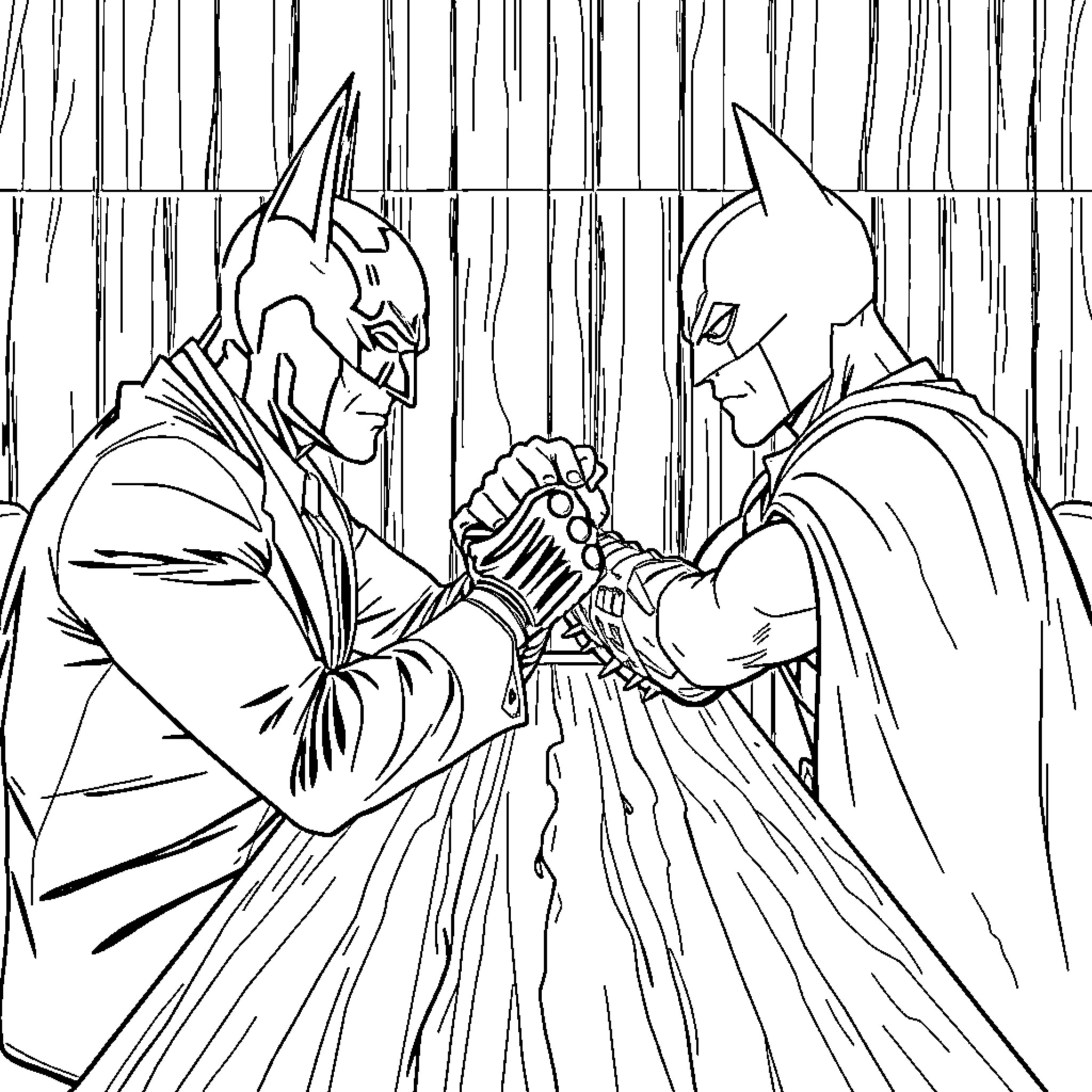 James Bond and Batman in tense confrontation Coloring Page (free black-and-white line drawing printable PDF for all, from beginners to advanced learners, including children, teens, adults, and seniors)