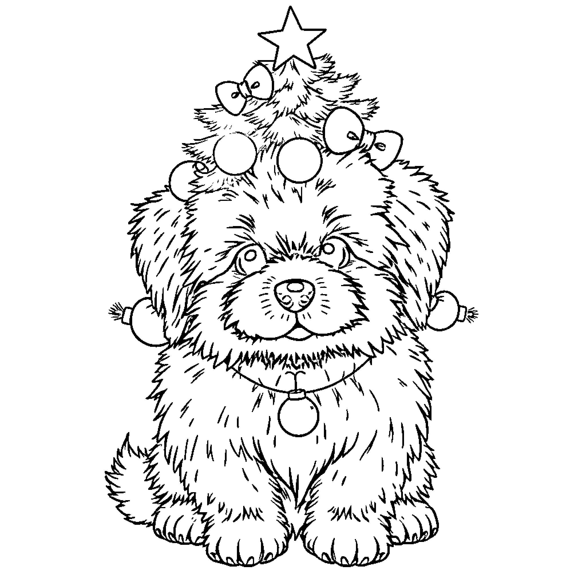 Dog wearing a Christmas tree costume Coloring Page (free black-and-white line drawing printable PDF for all, from beginners to advanced learners, including children, teens, adults, and seniors)