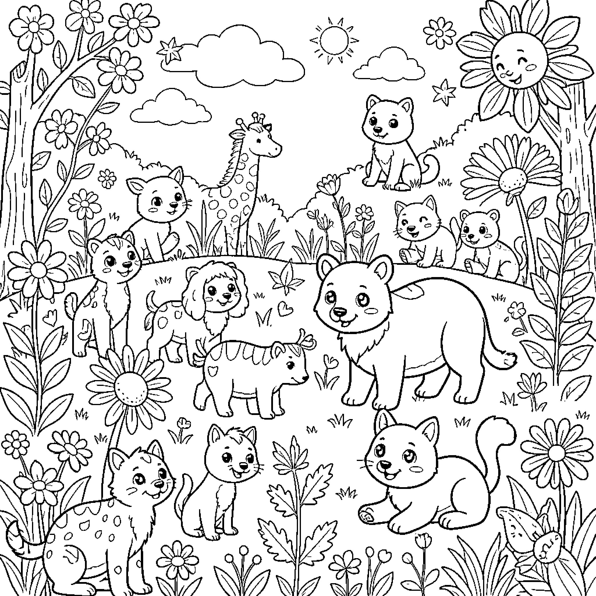 Dragon friends explore the enchanted floral garden Coloring Page (free black-and-white line drawing printable PDF for all, from beginners to advanced learners, including children, teens, adults, and seniors)
