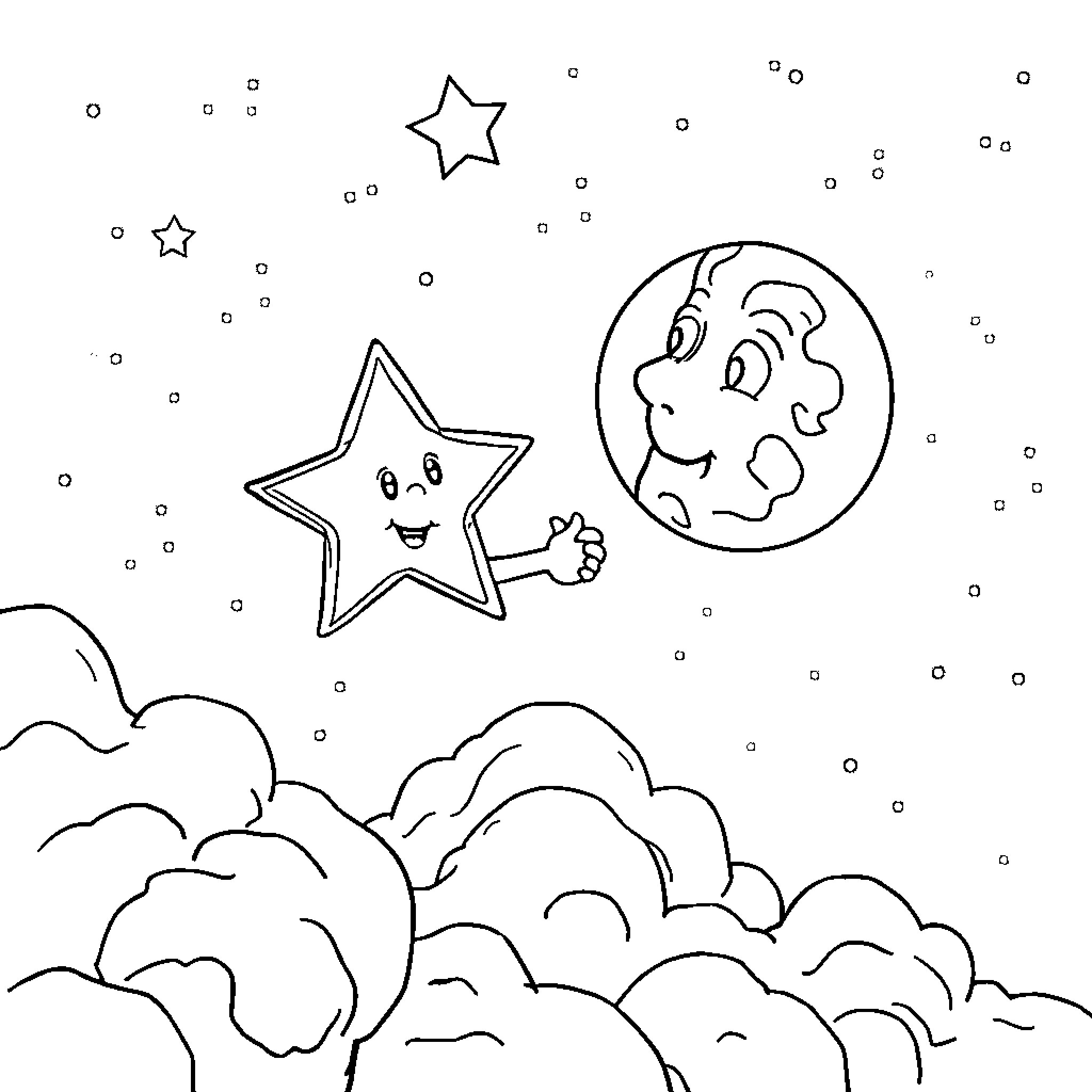 Star and Moon playing in the night sky Coloring Page (free black-and-white line drawing printable PDF for all, from beginners to advanced learners, including children, teens, adults, and seniors)