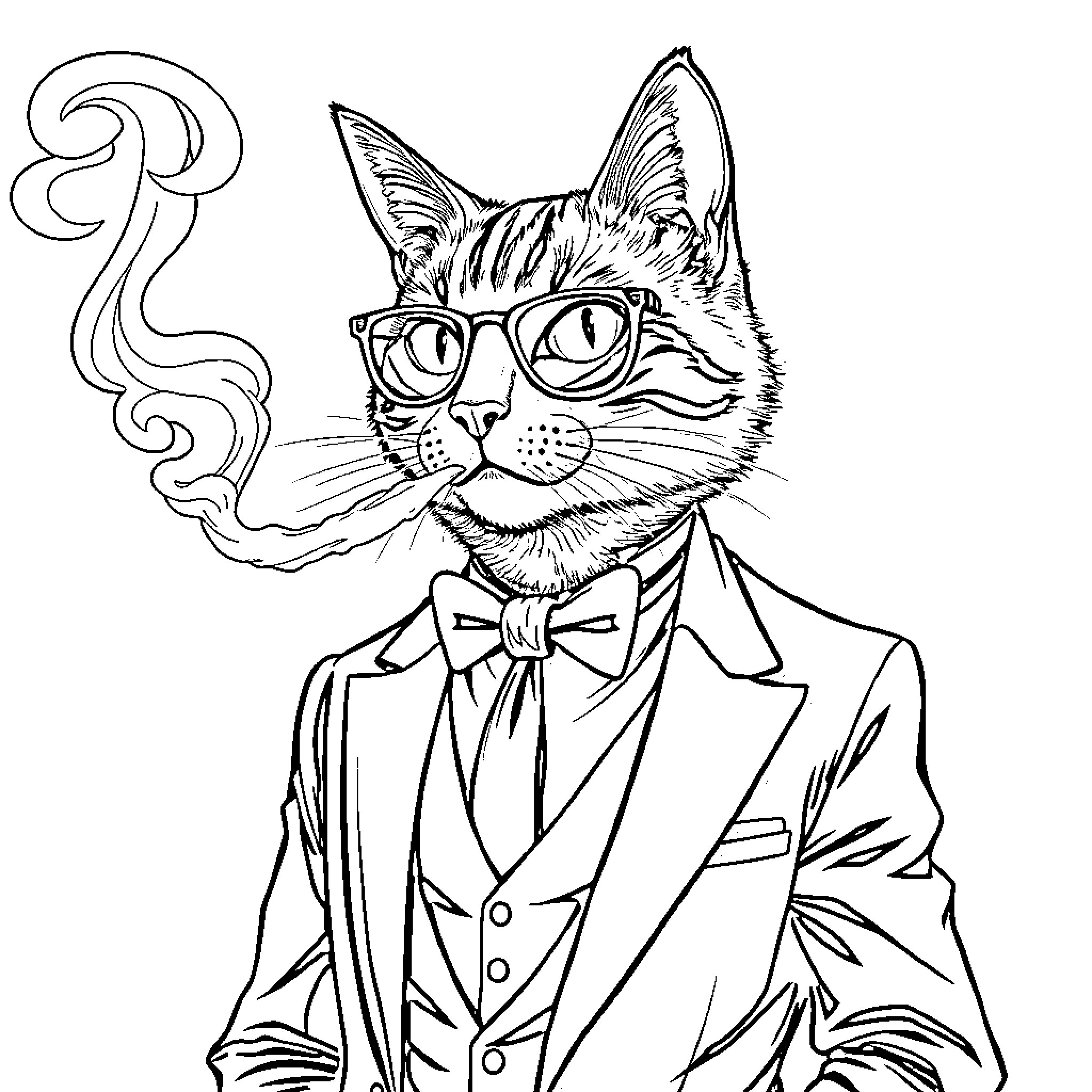 Cat in Formal Attire with Glasses Coloring Page (free black-and-white line drawing printable PDF for all, from beginners to advanced learners, including children, teens, adults, and seniors)