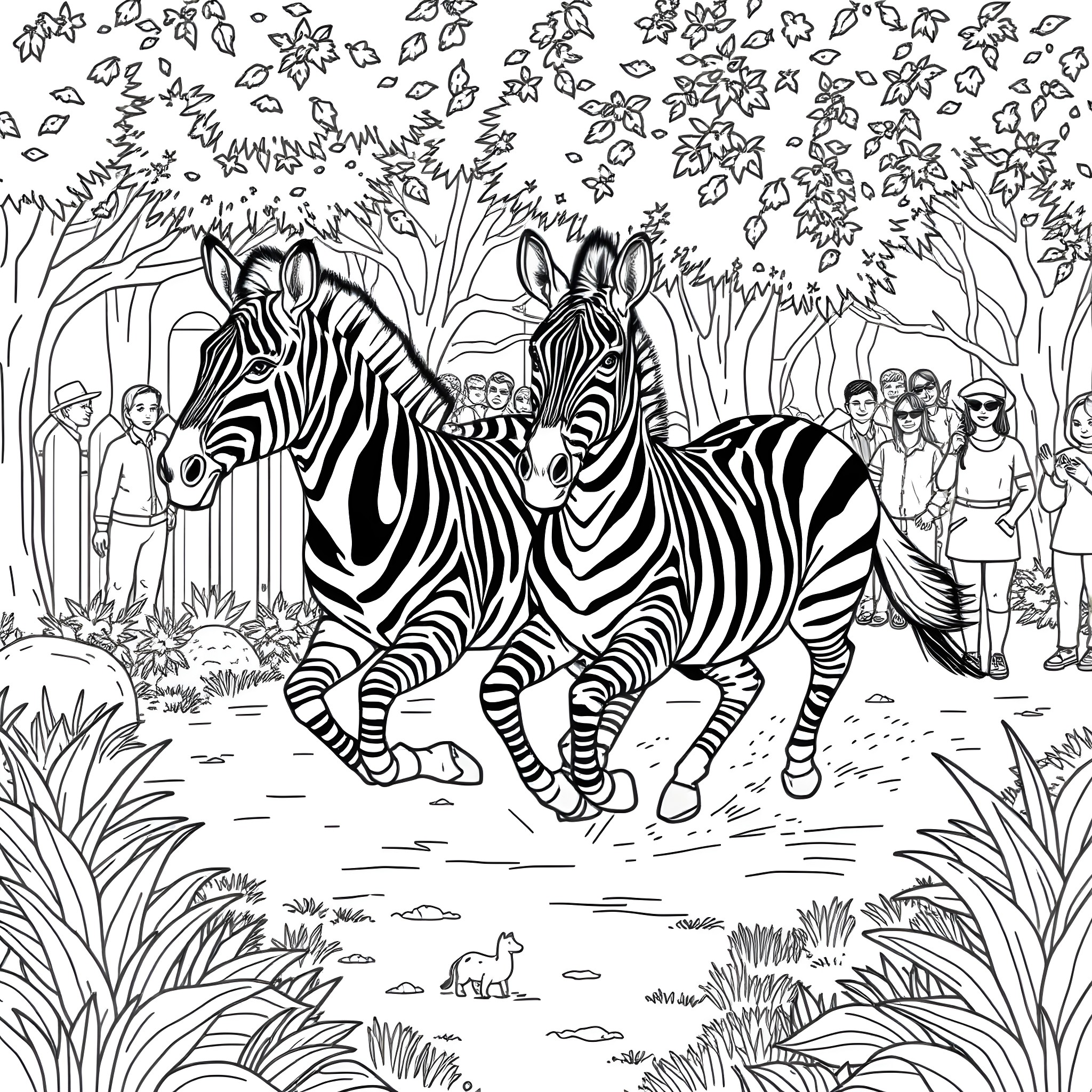 Zebra family in lush tropical forest Coloring Page (free black-and-white line drawing printable PDF for all, from beginners to advanced learners, including children, teens, adults, and seniors)