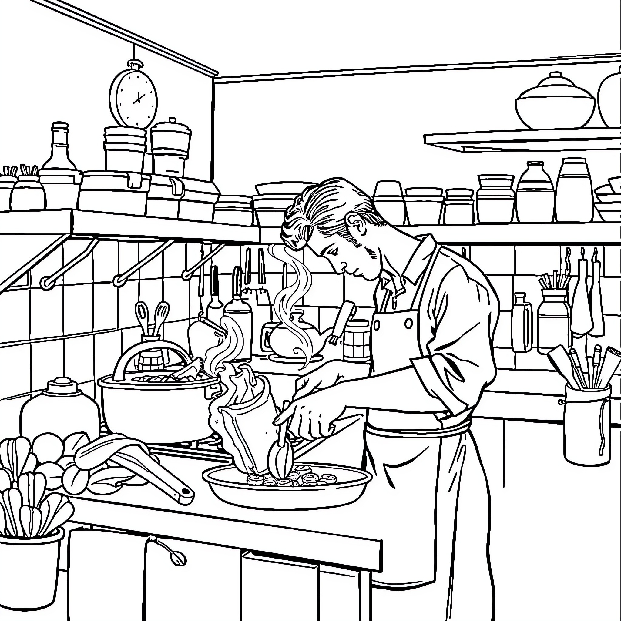 Man working diligently in a crowded kitchen Coloring Page (free black-and-white line drawing printable PDF for all, from beginners to advanced learners, including children, teens, adults, and seniors)