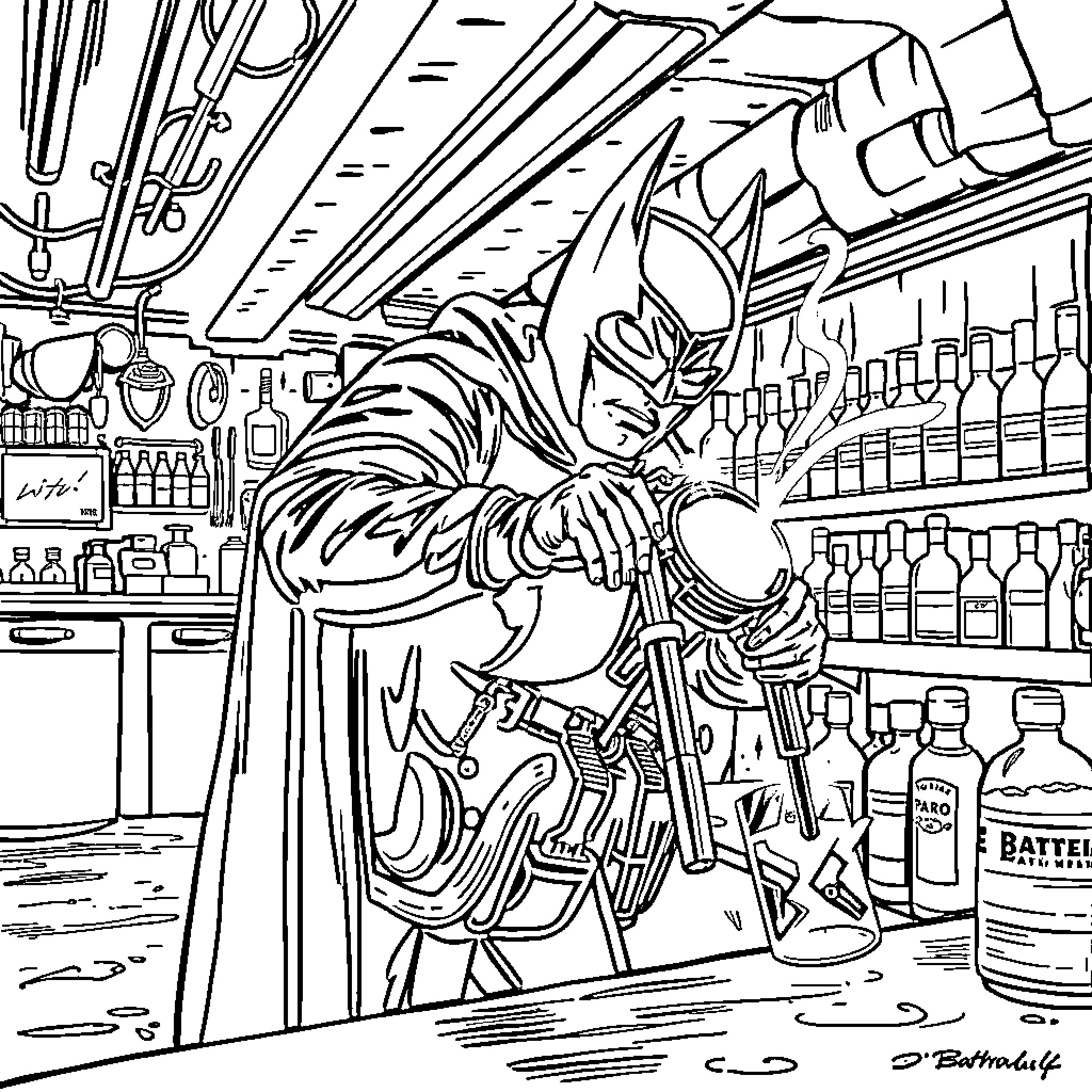 Barman serving drinks in a lively bar Coloring Page (free black-and-white line drawing printable PDF for all, from beginners to advanced learners, including children, teens, adults, and seniors)