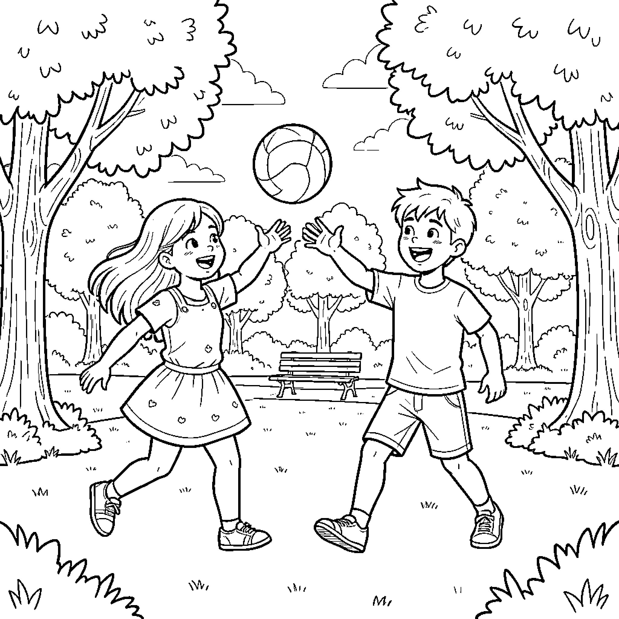 Enfant playing with a ball in the park Coloring Page (free black-and-white line drawing printable PDF for all, from beginners to advanced learners, including children, teens, adults, and seniors)