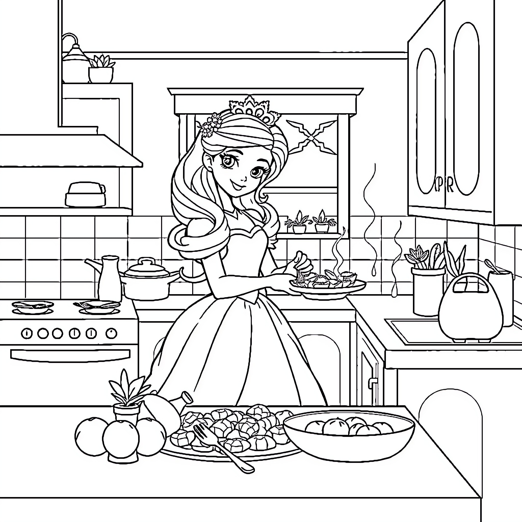 Princess Preparing a Delicious Meal in the Kitchen Coloring Page (free black-and-white line drawing printable PDF for all, from beginners to advanced learners, including children, teens, adults, and seniors)