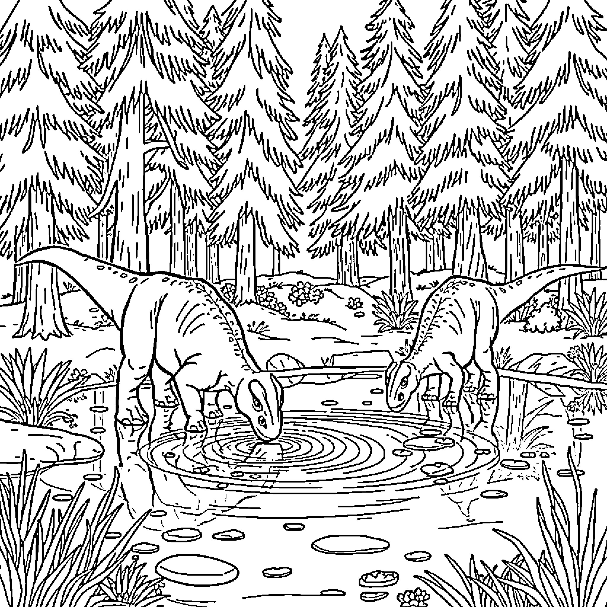 Dinosaur family drinking from a forest stream Coloring Page (free black-and-white line drawing printable PDF for all, from beginners to advanced learners, including children, teens, adults, and seniors)